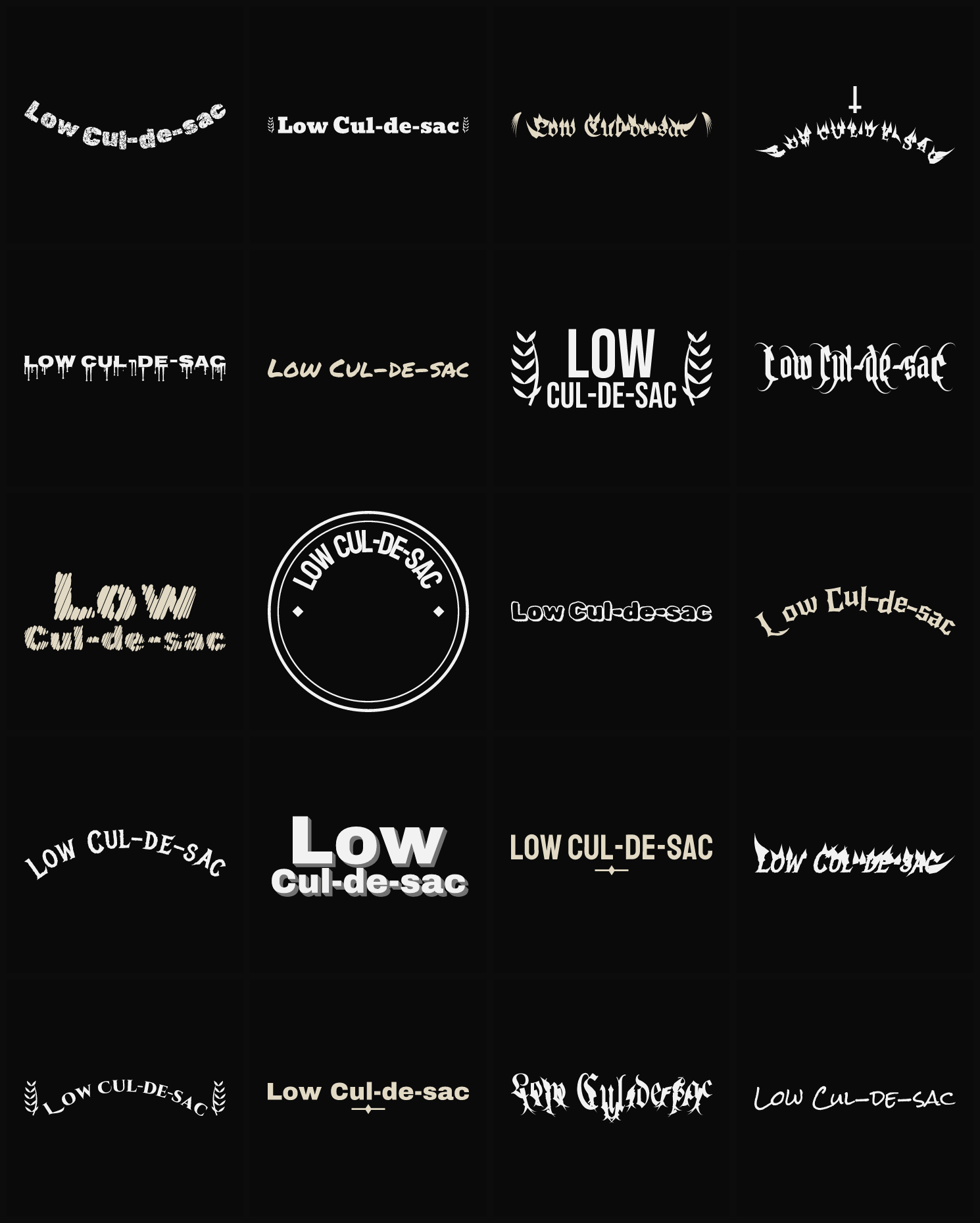 Twenty Low Cul-de-sac band logo ideas — different faces, treatments and spike settings