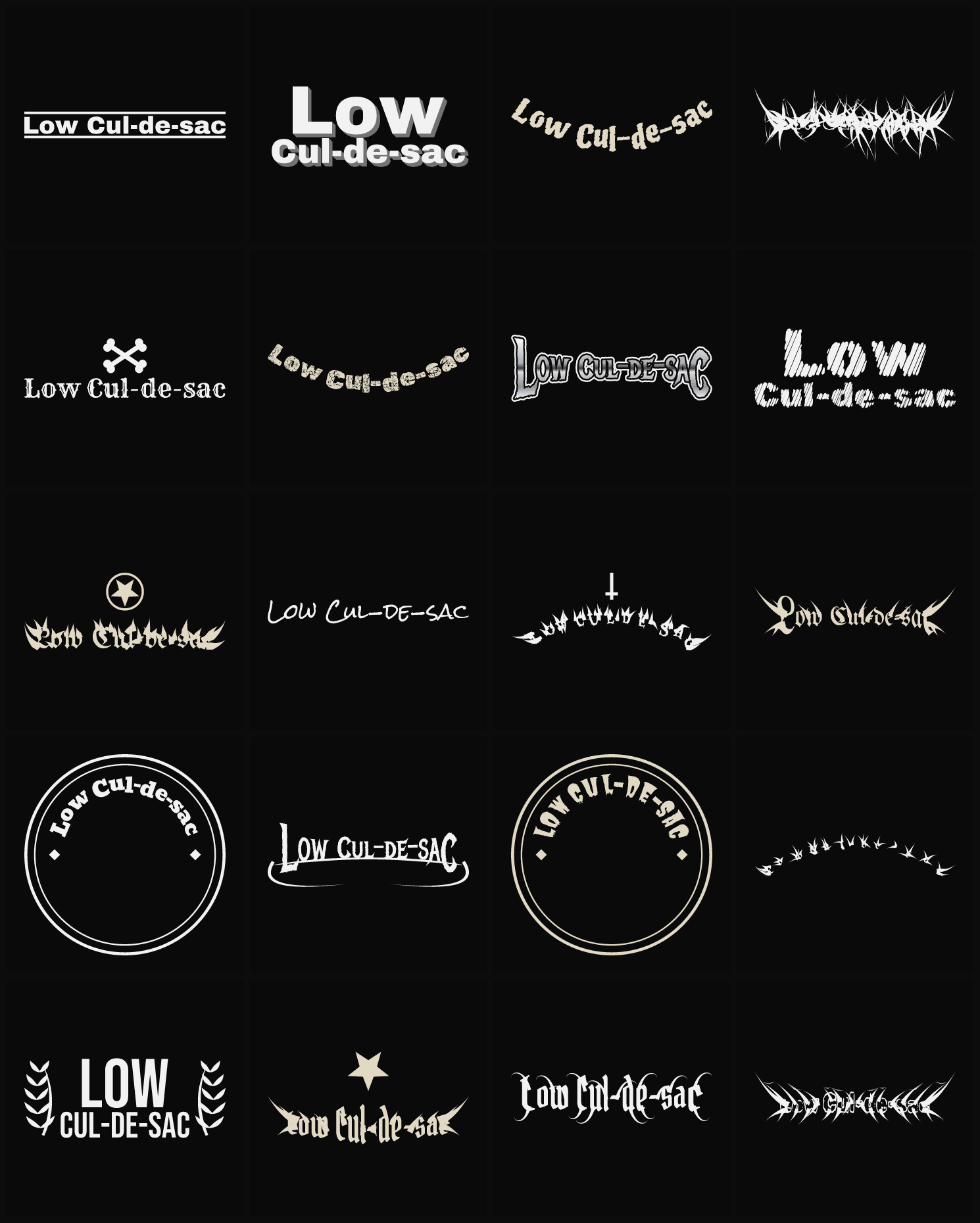 Twenty Low Cul-de-sac band logo ideas — different faces, treatments and spike settings
