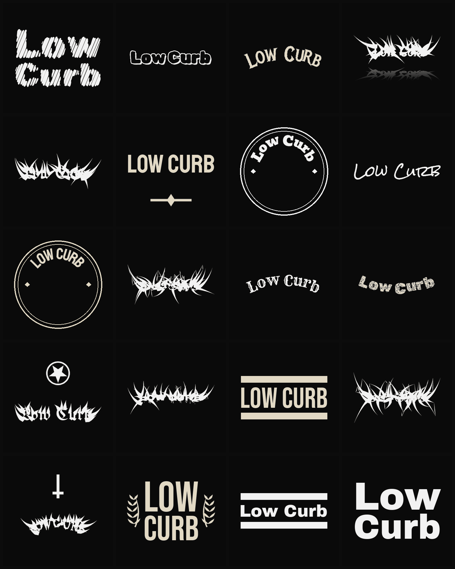 Twenty Low Curb band logo ideas — different faces, treatments and spike settings