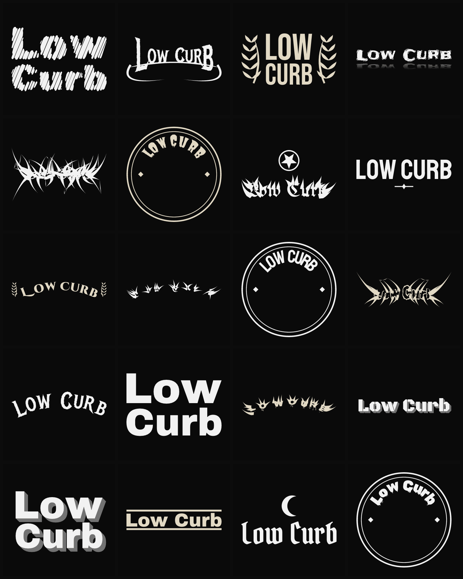 Twenty Low Curb band logo ideas — different faces, treatments and spike settings