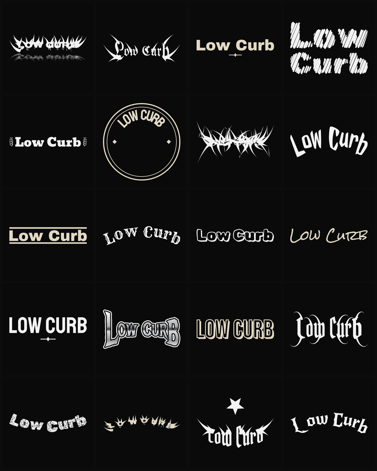 Twenty Low Curb band logo ideas — different faces, treatments and spike settings