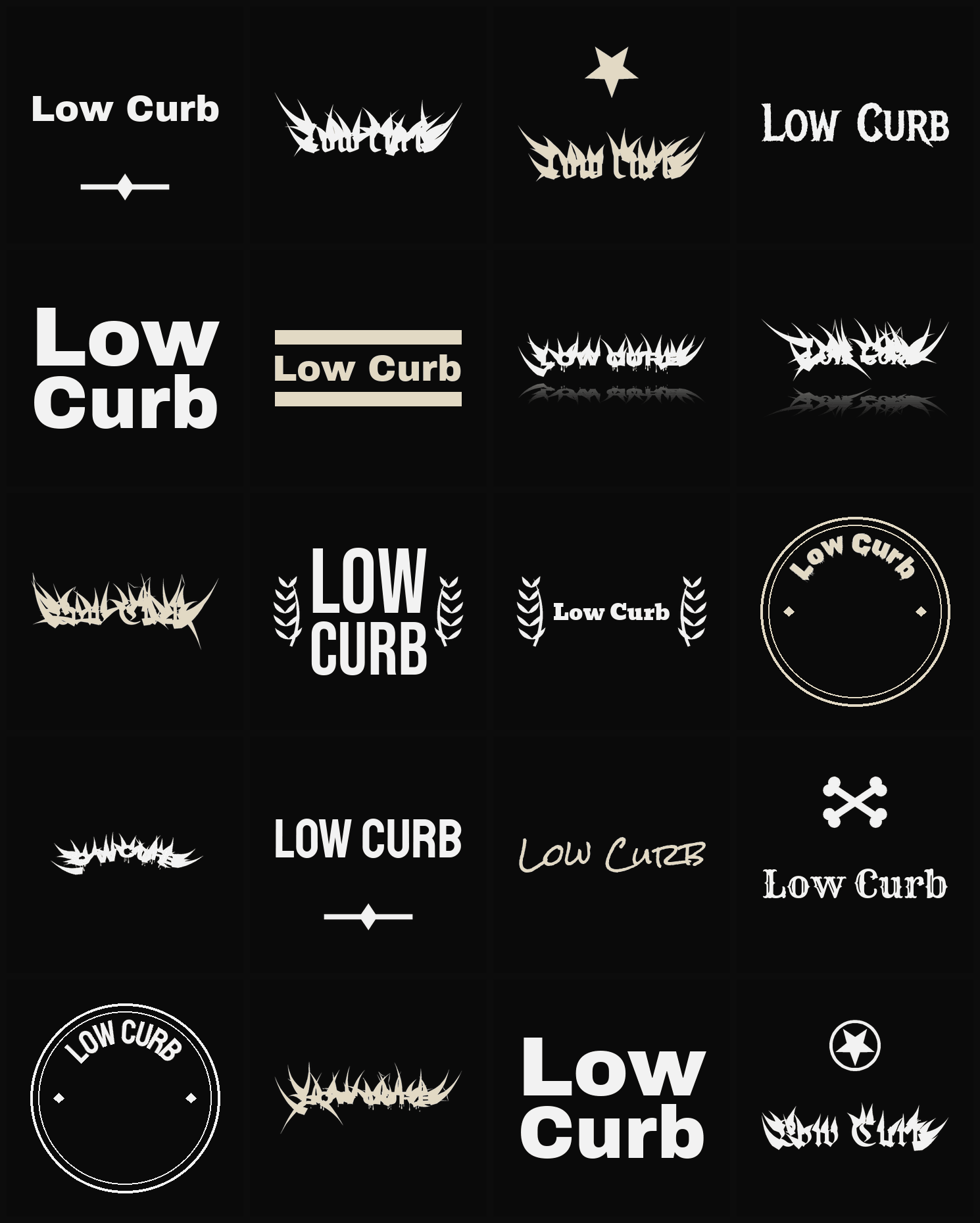 Twenty Low Curb band logo ideas — different faces, treatments and spike settings