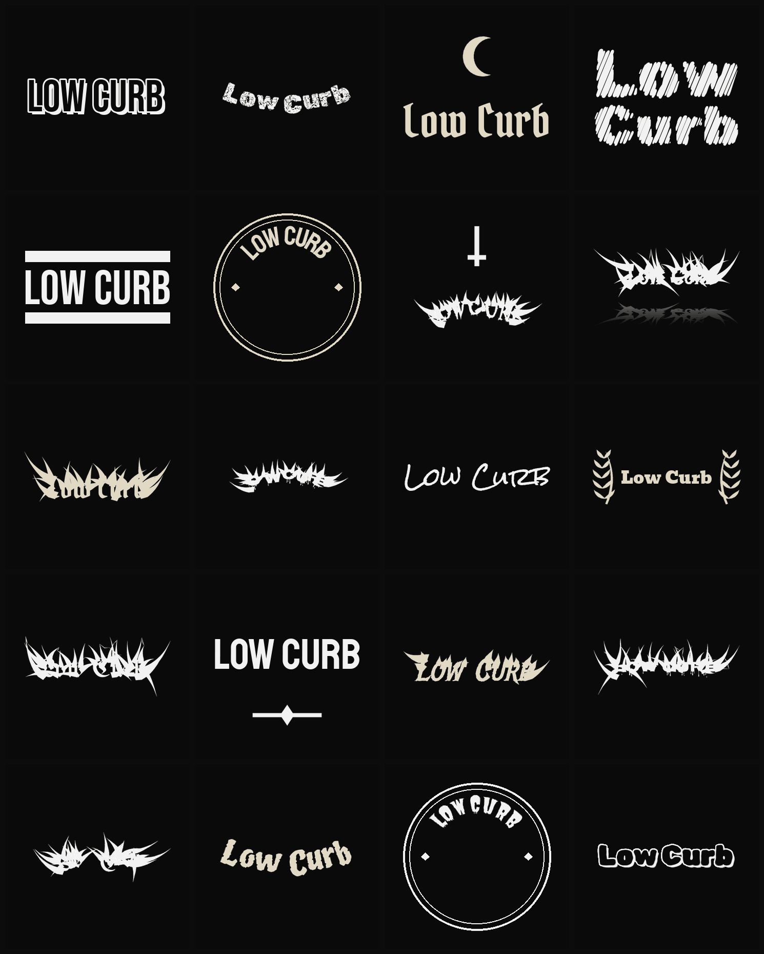 Twenty Low Curb band logo ideas — different faces, treatments and spike settings