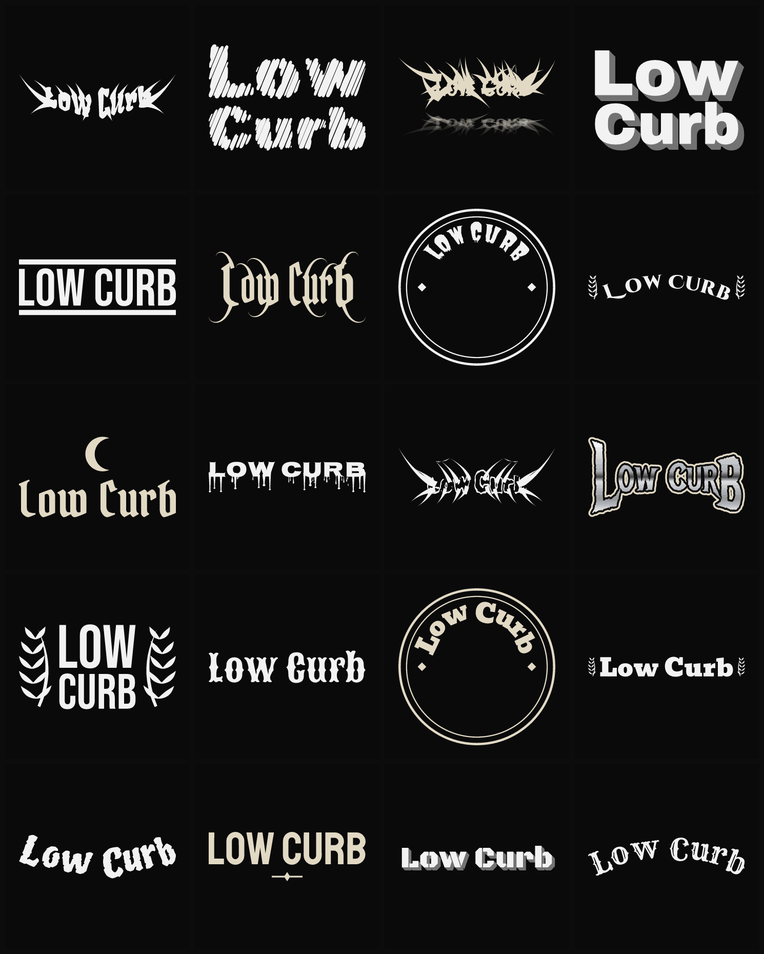 Twenty Low Curb band logo ideas — different faces, treatments and spike settings