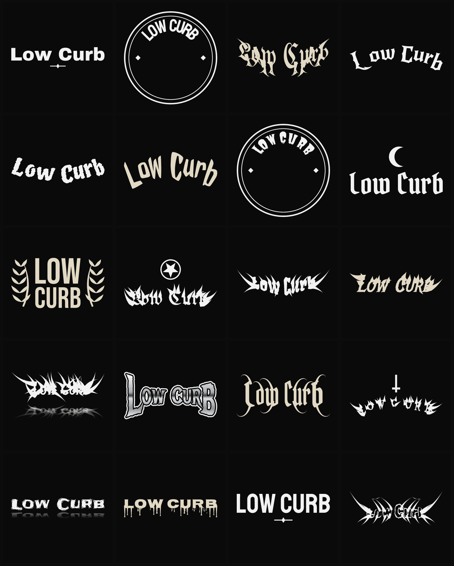 Twenty Low Curb band logo ideas — different faces, treatments and spike settings