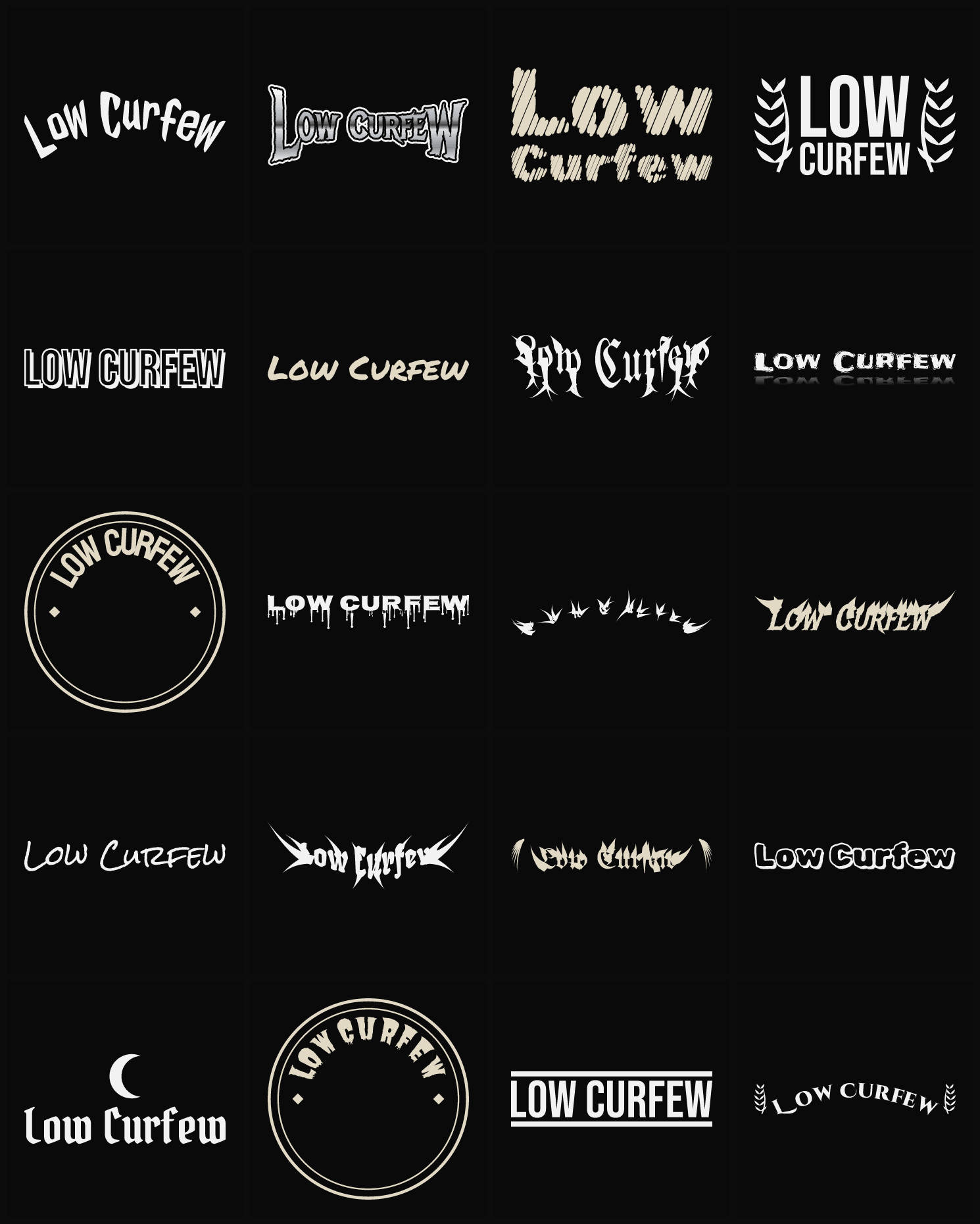 Twenty Low Curfew band logo ideas — different faces, treatments and spike settings