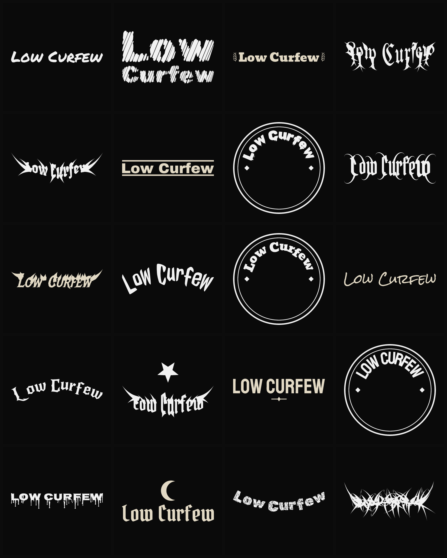 Twenty Low Curfew band logo ideas — different faces, treatments and spike settings