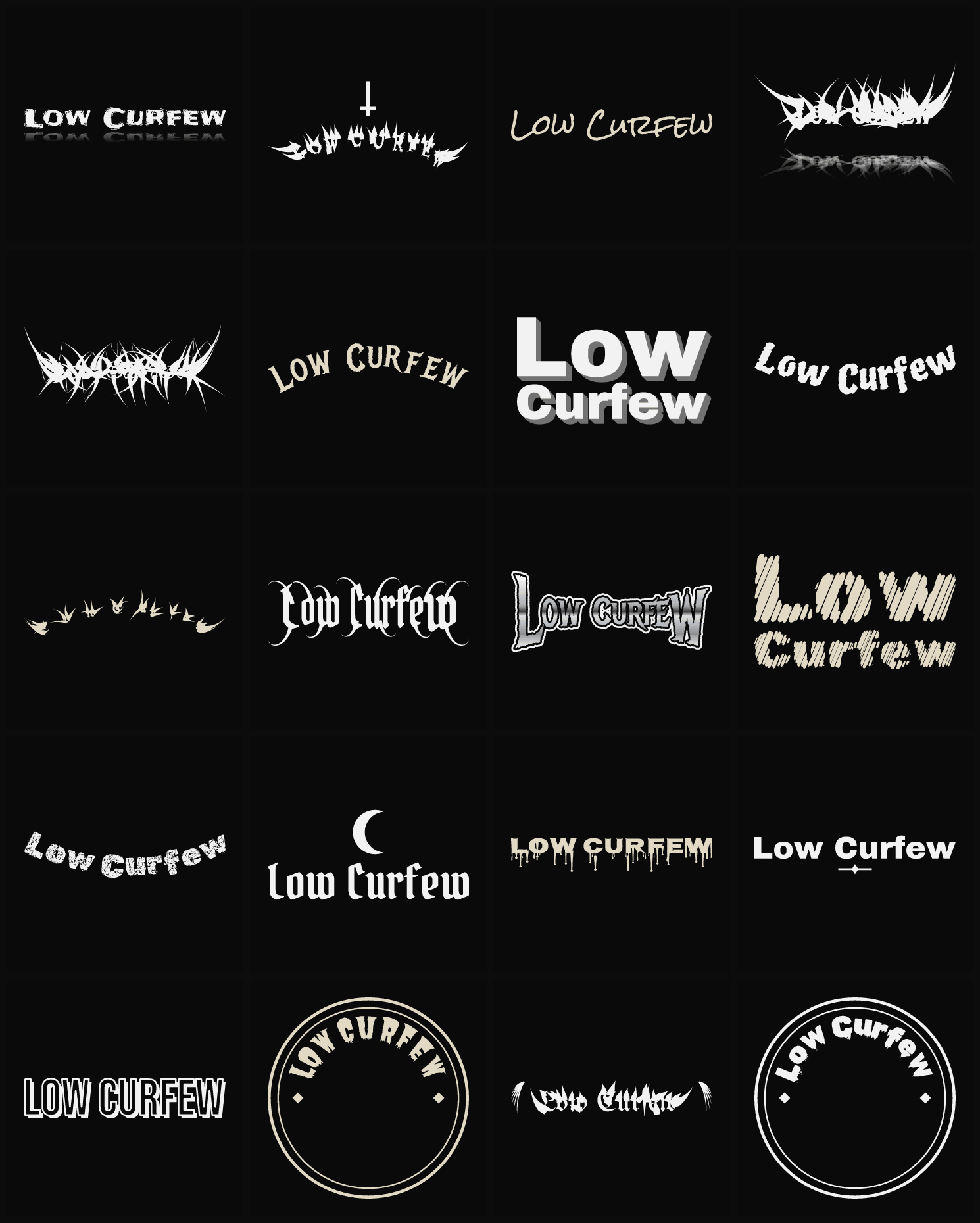 Twenty Low Curfew band logo ideas — different faces, treatments and spike settings