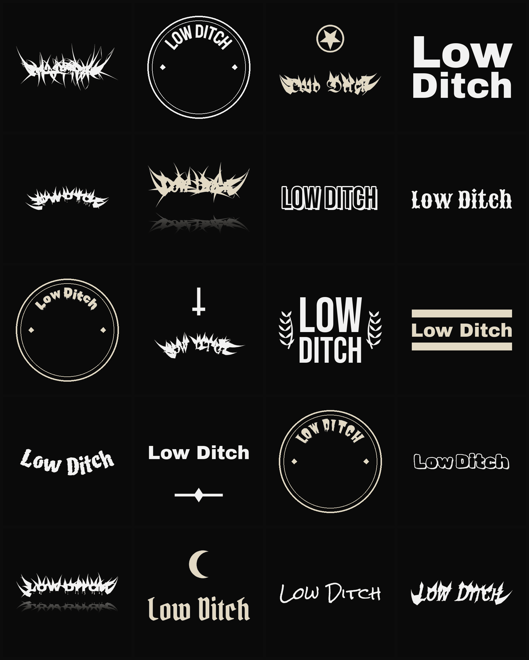 Twenty Low Ditch band logo ideas — different faces, treatments and spike settings