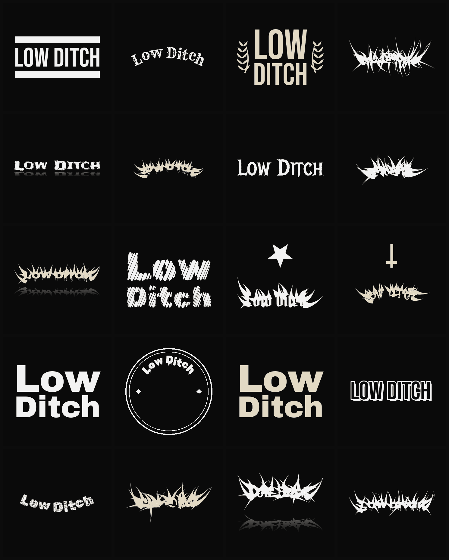 Twenty Low Ditch band logo ideas — different faces, treatments and spike settings