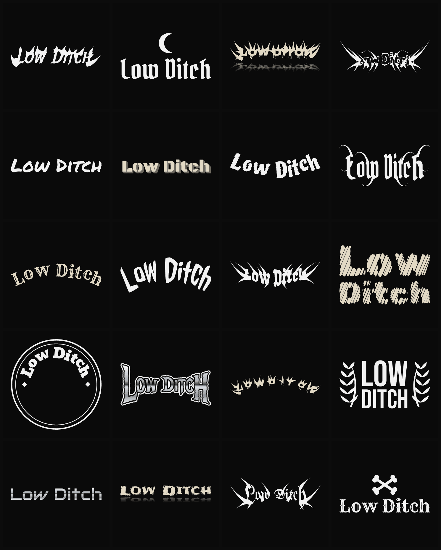 Twenty Low Ditch band logo ideas — different faces, treatments and spike settings