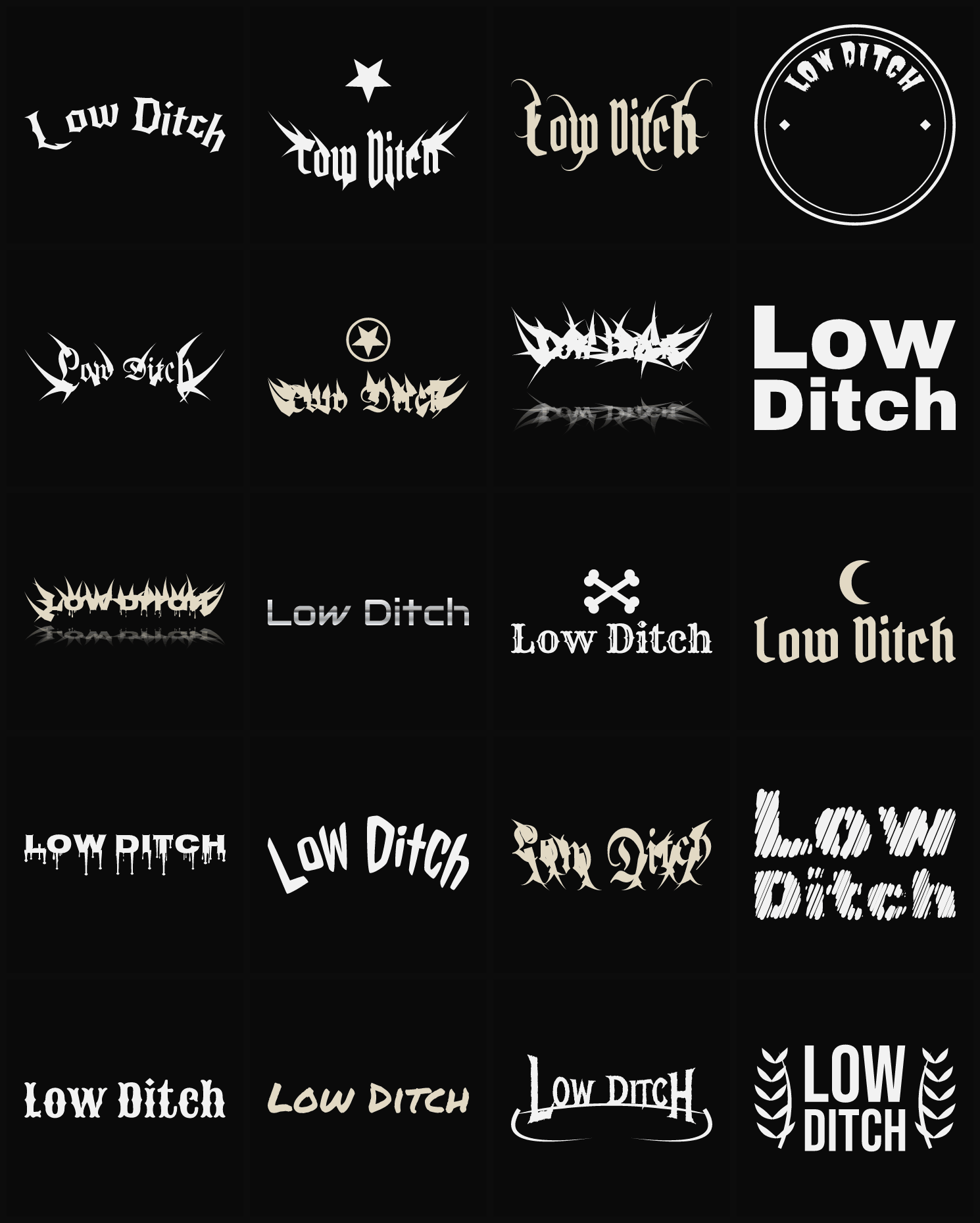 Twenty Low Ditch band logo ideas — different faces, treatments and spike settings