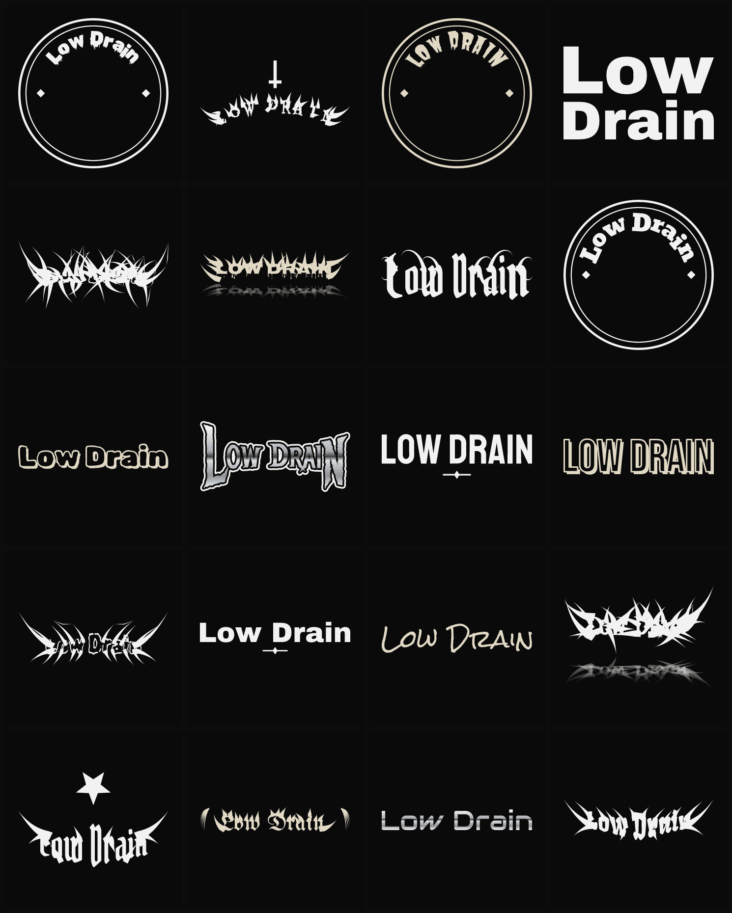 Twenty Low Drain band logo ideas — different faces, treatments and spike settings