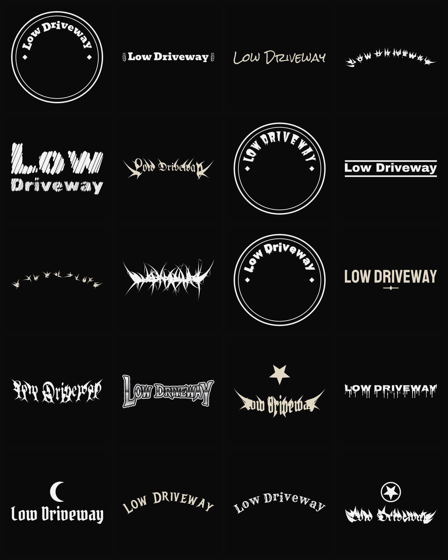 Twenty Low Driveway band logo ideas — different faces, treatments and spike settings
