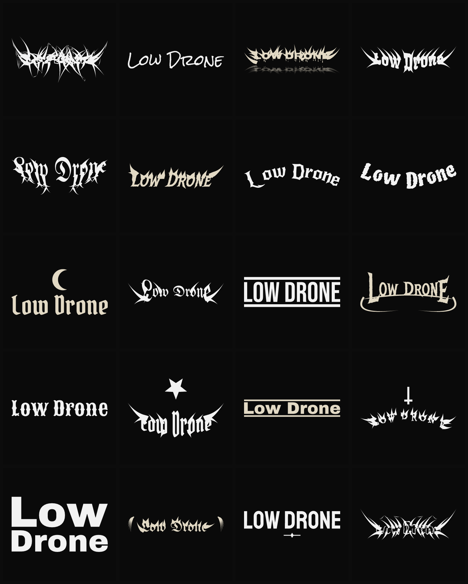 Twenty Low Drone band logo ideas — different faces, treatments and spike settings