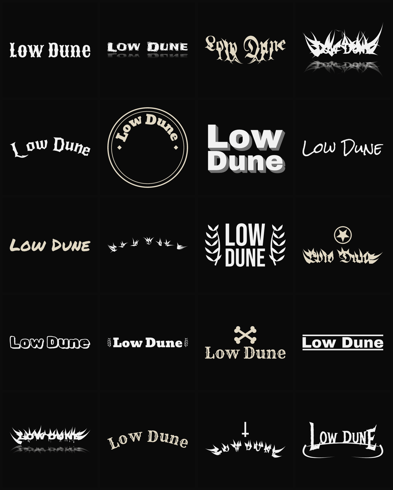 Twenty Low Dune band logo ideas — different faces, treatments and spike settings