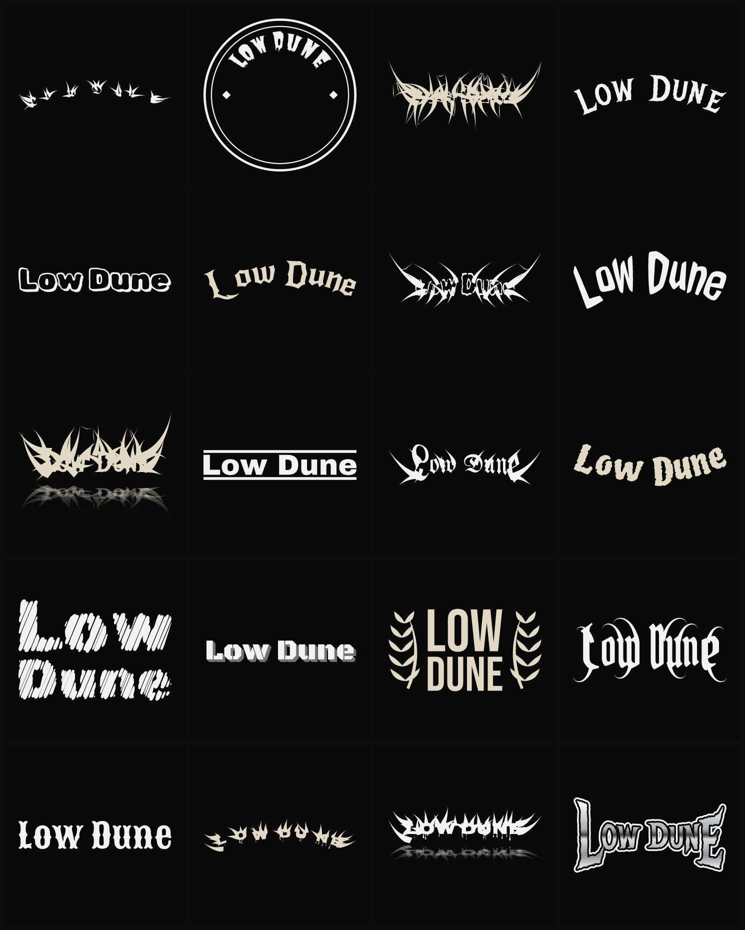 Twenty Low Dune band logo ideas — different faces, treatments and spike settings