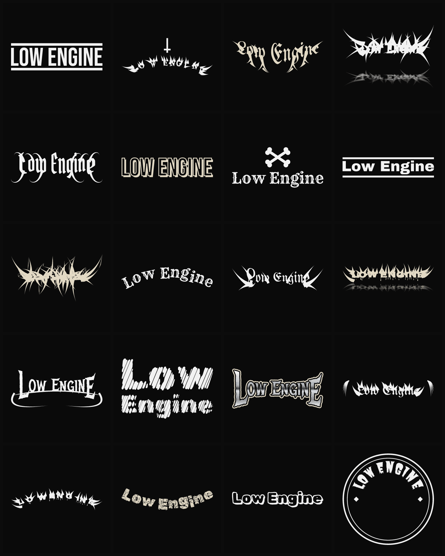 Twenty Low Engine band logo ideas — different faces, treatments and spike settings
