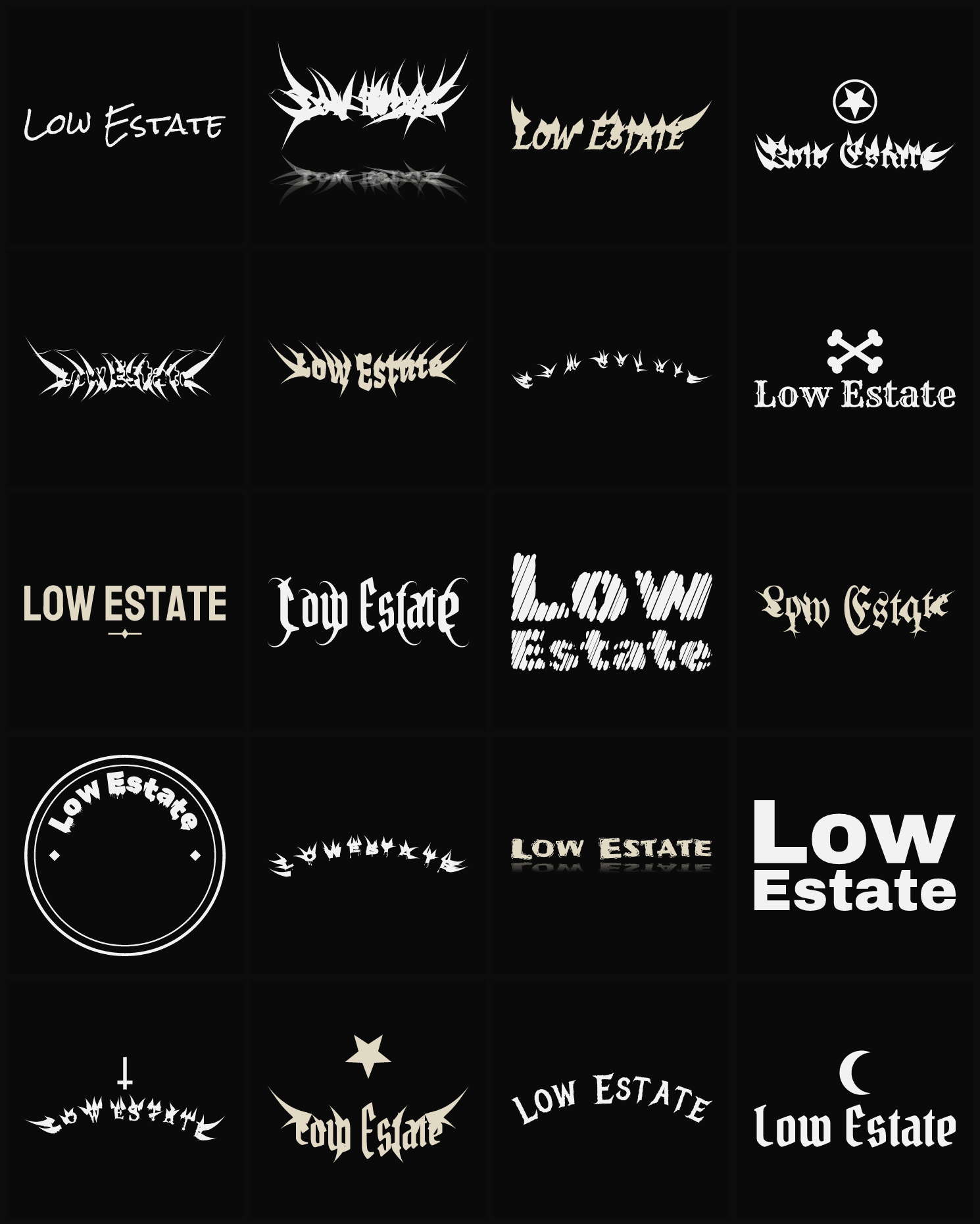 Twenty Low Estate band logo ideas — different faces, treatments and spike settings