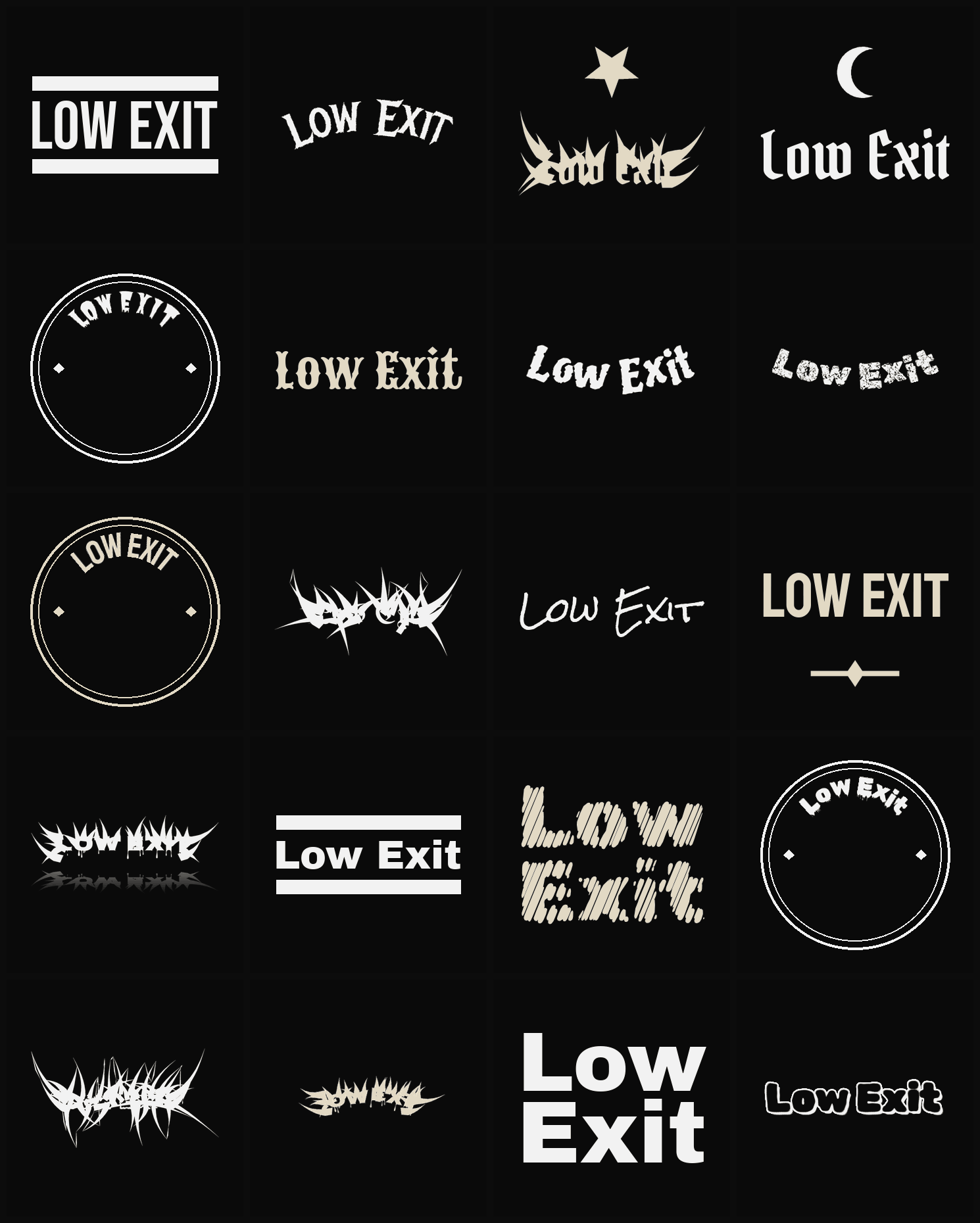 Twenty Low Exit band logo ideas — different faces, treatments and spike settings