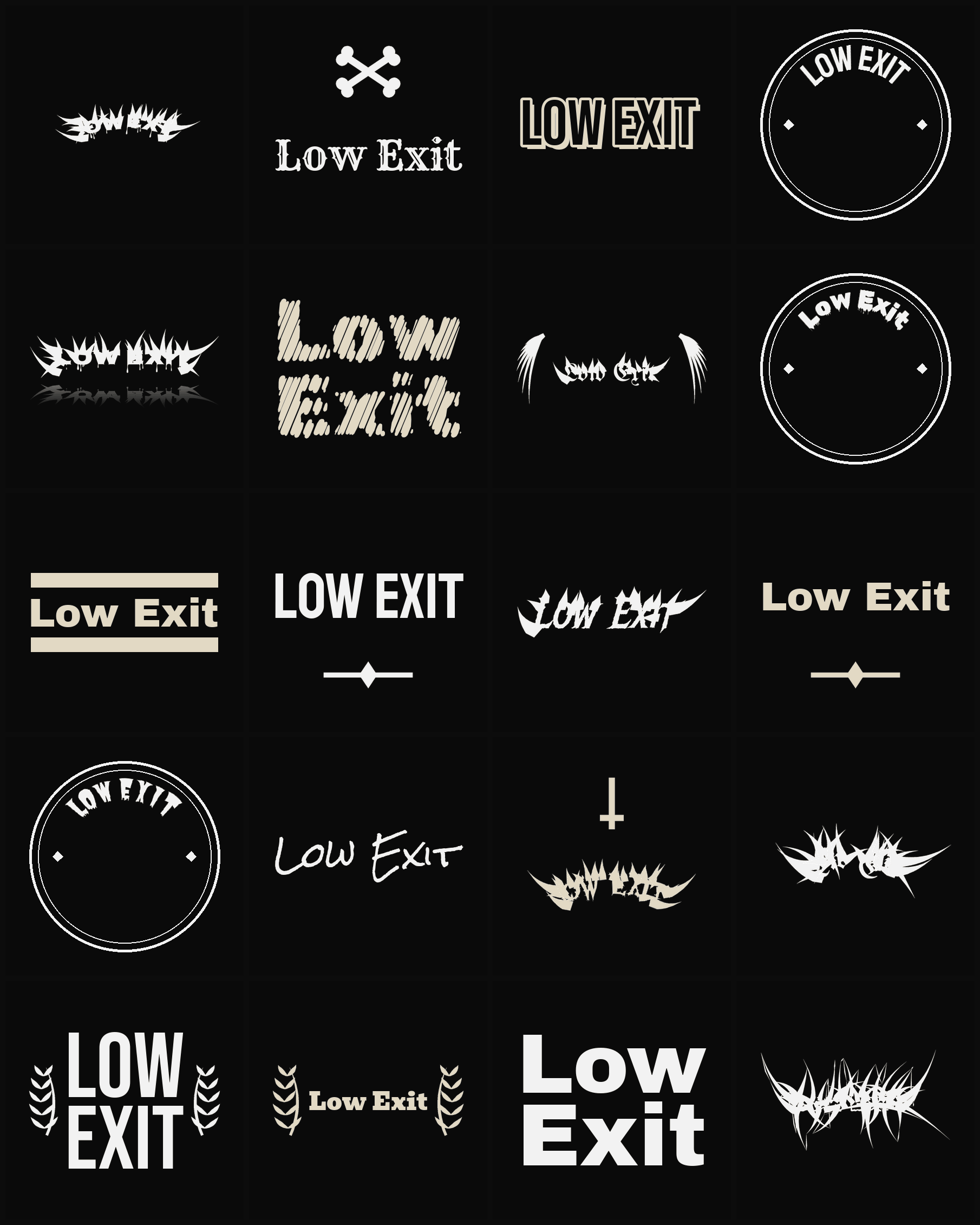 Twenty Low Exit band logo ideas — different faces, treatments and spike settings