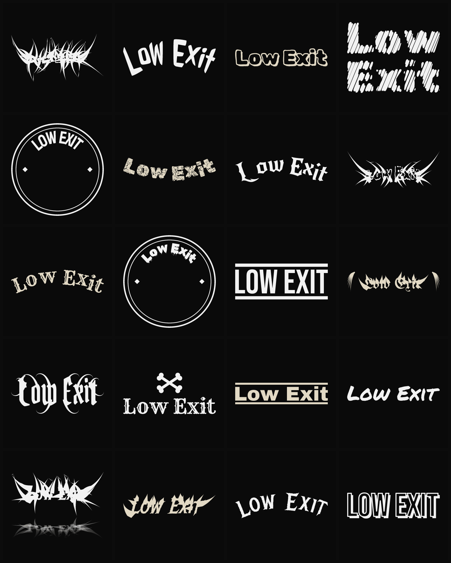 Twenty Low Exit band logo ideas — different faces, treatments and spike settings