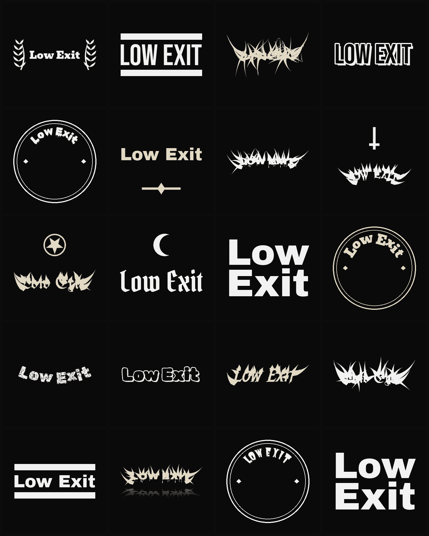 Twenty Low Exit band logo ideas — different faces, treatments and spike settings