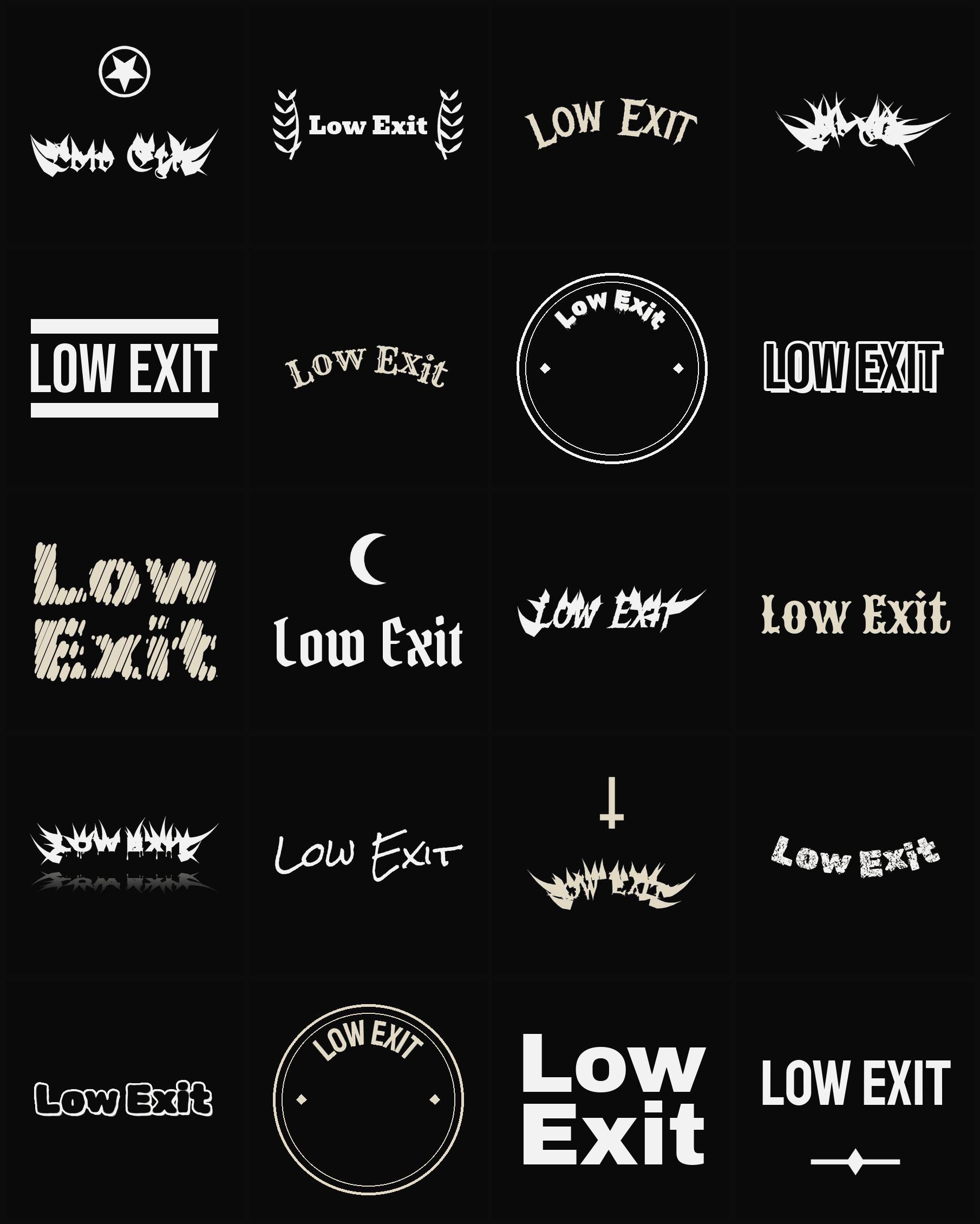 Twenty Low Exit band logo ideas — different faces, treatments and spike settings