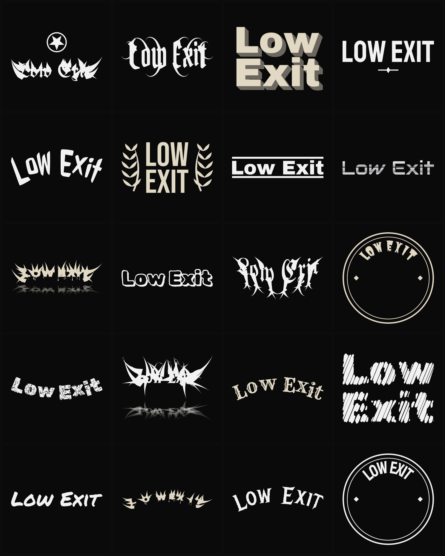 Twenty Low Exit band logo ideas — different faces, treatments and spike settings