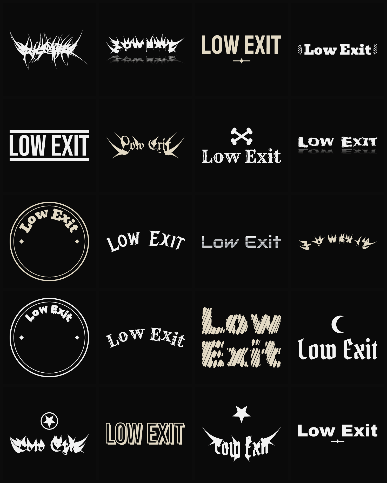 Twenty Low Exit band logo ideas — different faces, treatments and spike settings