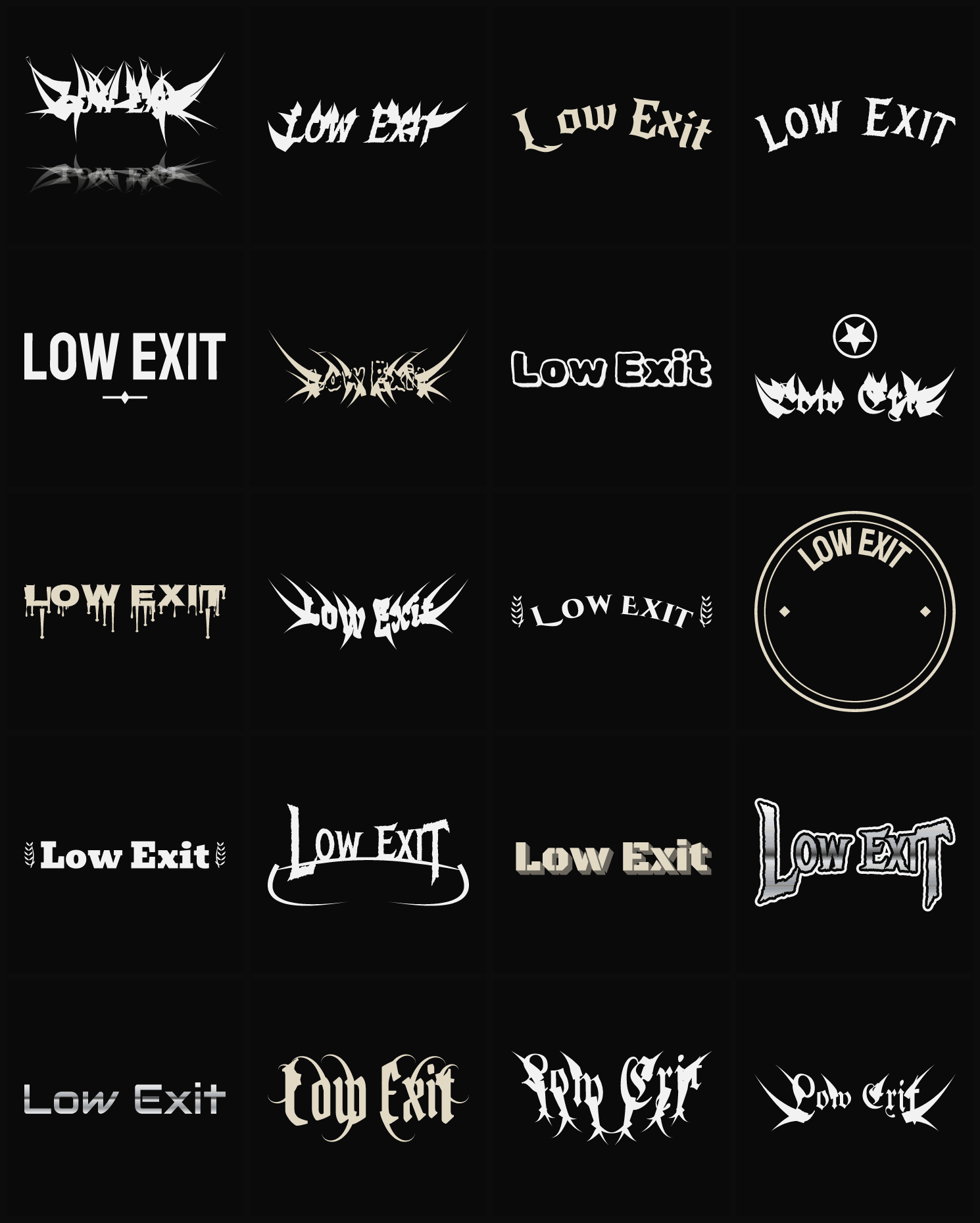 Twenty Low Exit band logo ideas — different faces, treatments and spike settings