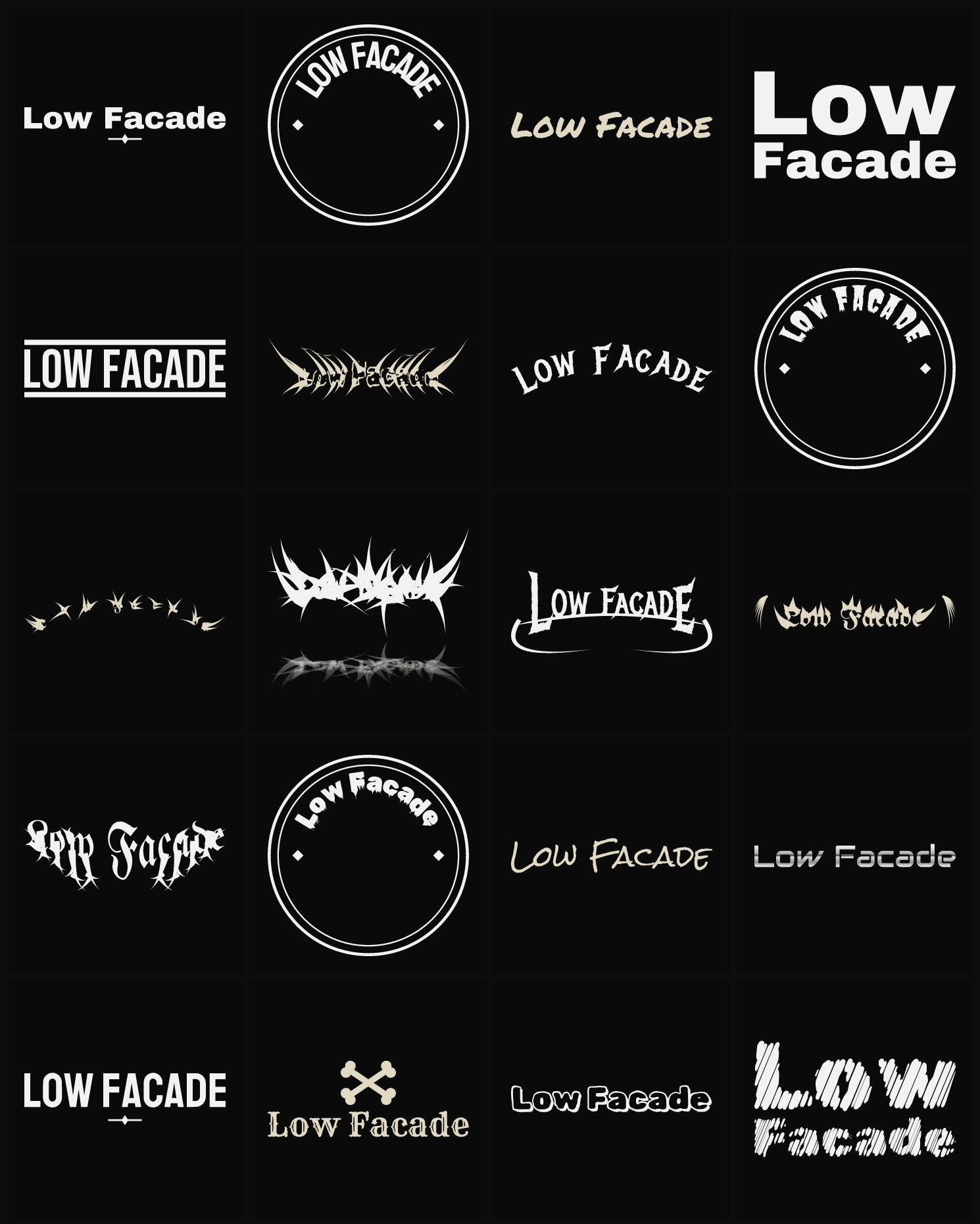 Twenty Low Facade band logo ideas — different faces, treatments and spike settings