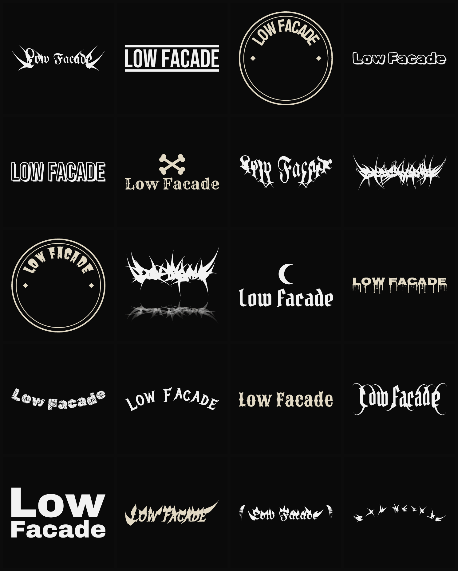 Twenty Low Facade band logo ideas — different faces, treatments and spike settings