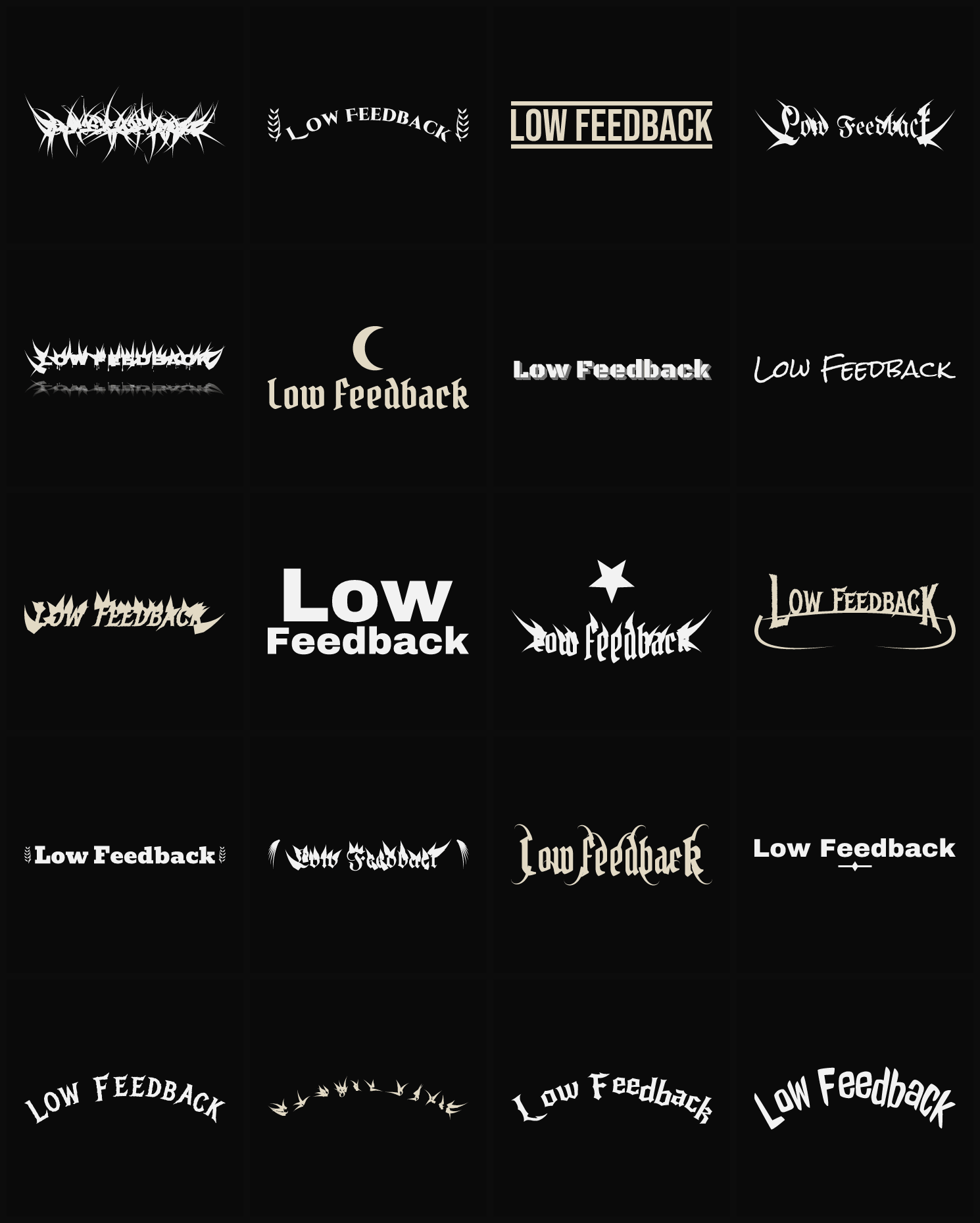 Twenty Low Feedback band logo ideas — different faces, treatments and spike settings