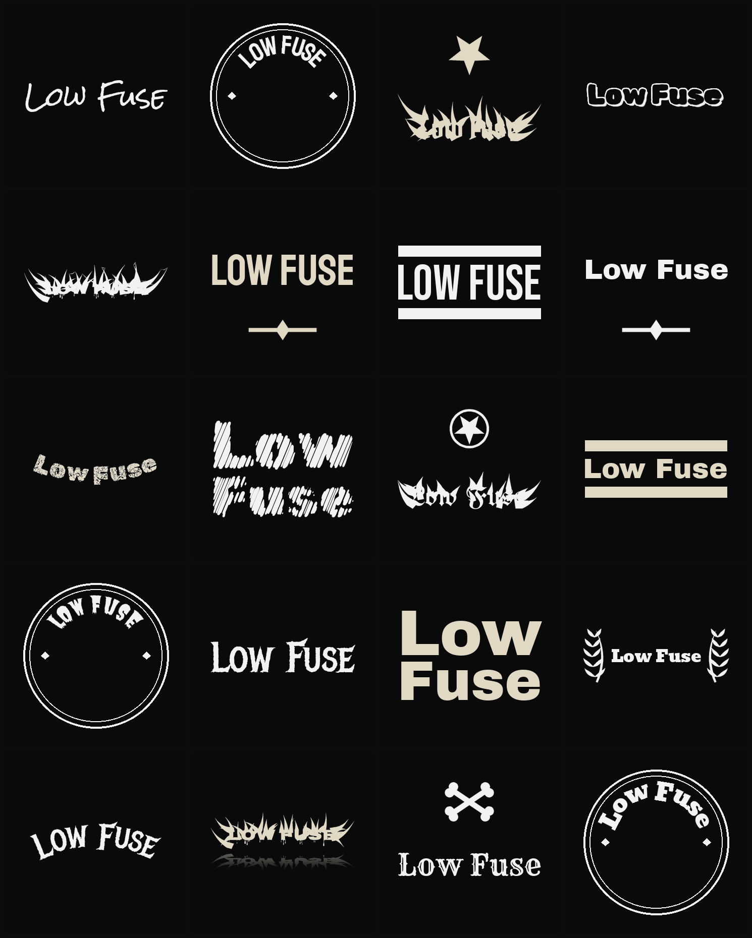 Twenty Low Fuse band logo ideas — different faces, treatments and spike settings