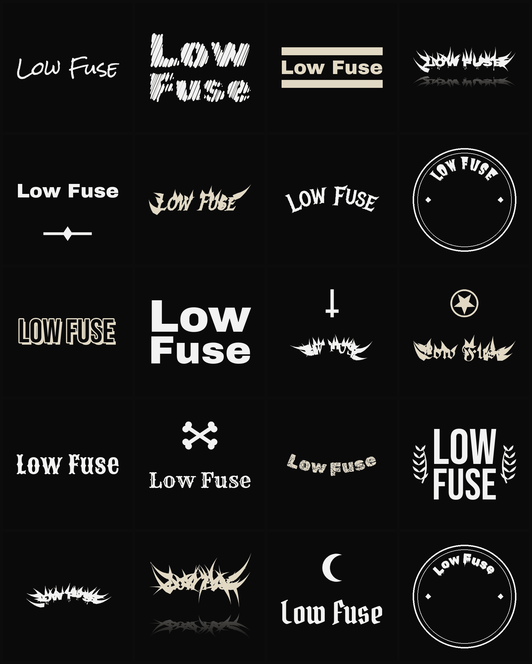 Twenty Low Fuse band logo ideas — different faces, treatments and spike settings