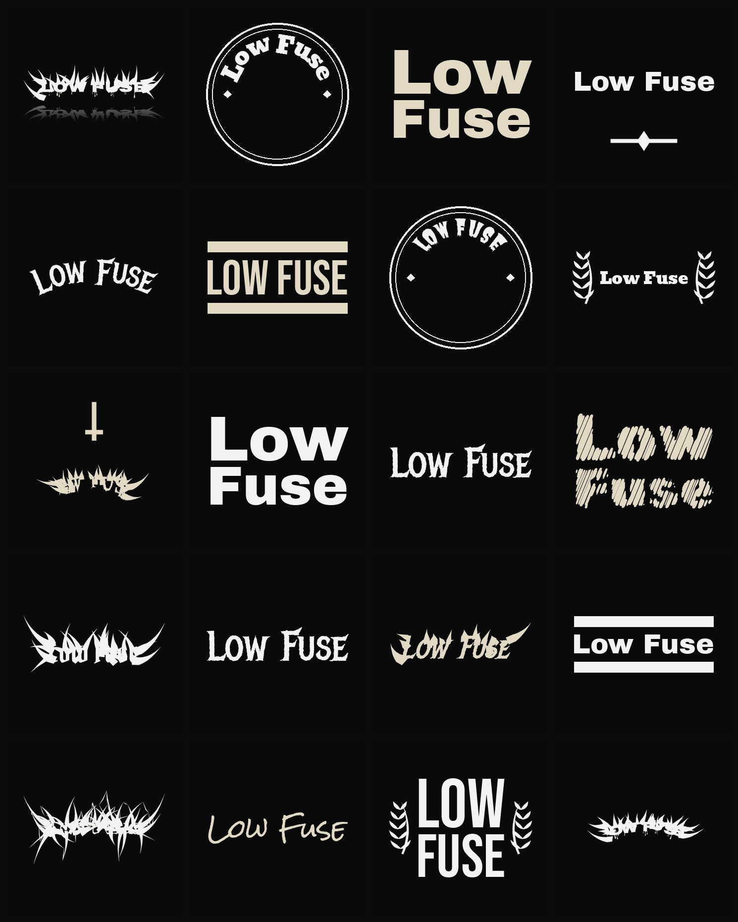 Twenty Low Fuse band logo ideas — different faces, treatments and spike settings