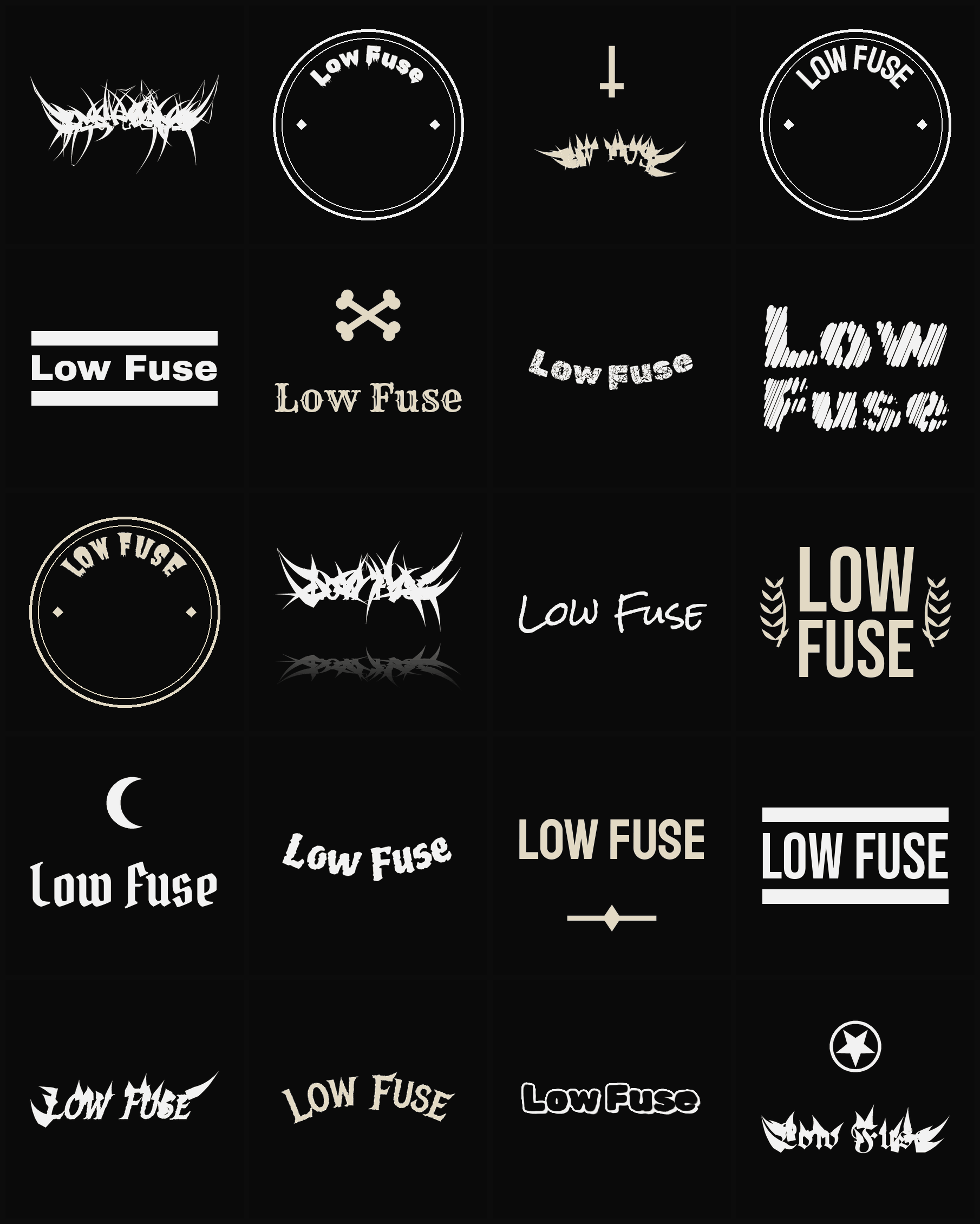 Twenty Low Fuse band logo ideas — different faces, treatments and spike settings