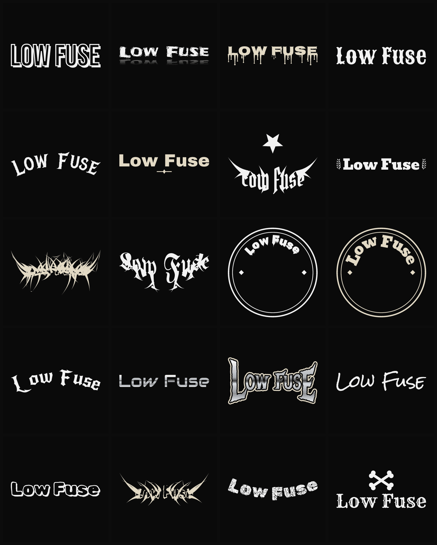 Twenty Low Fuse band logo ideas — different faces, treatments and spike settings