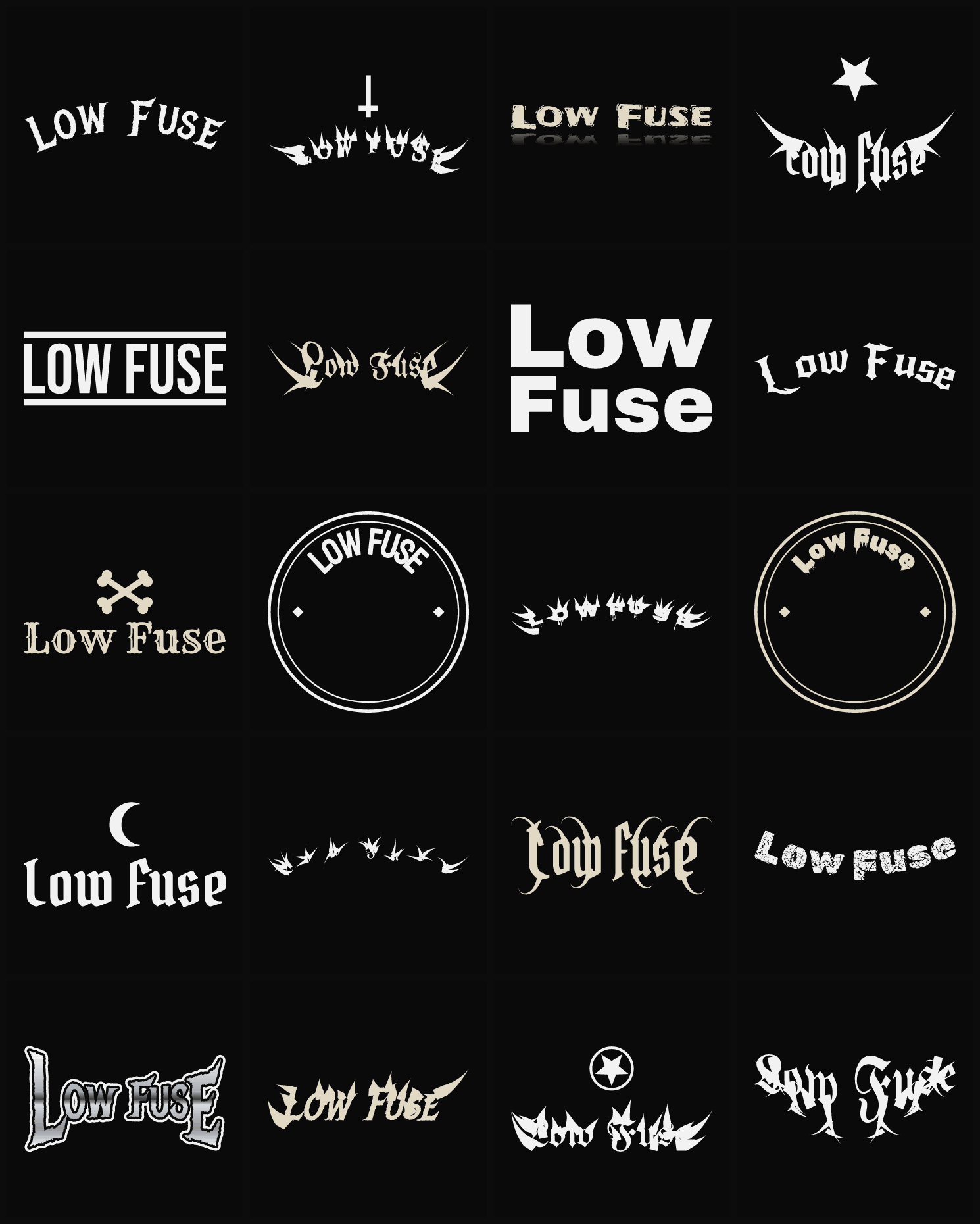 Twenty Low Fuse band logo ideas — different faces, treatments and spike settings