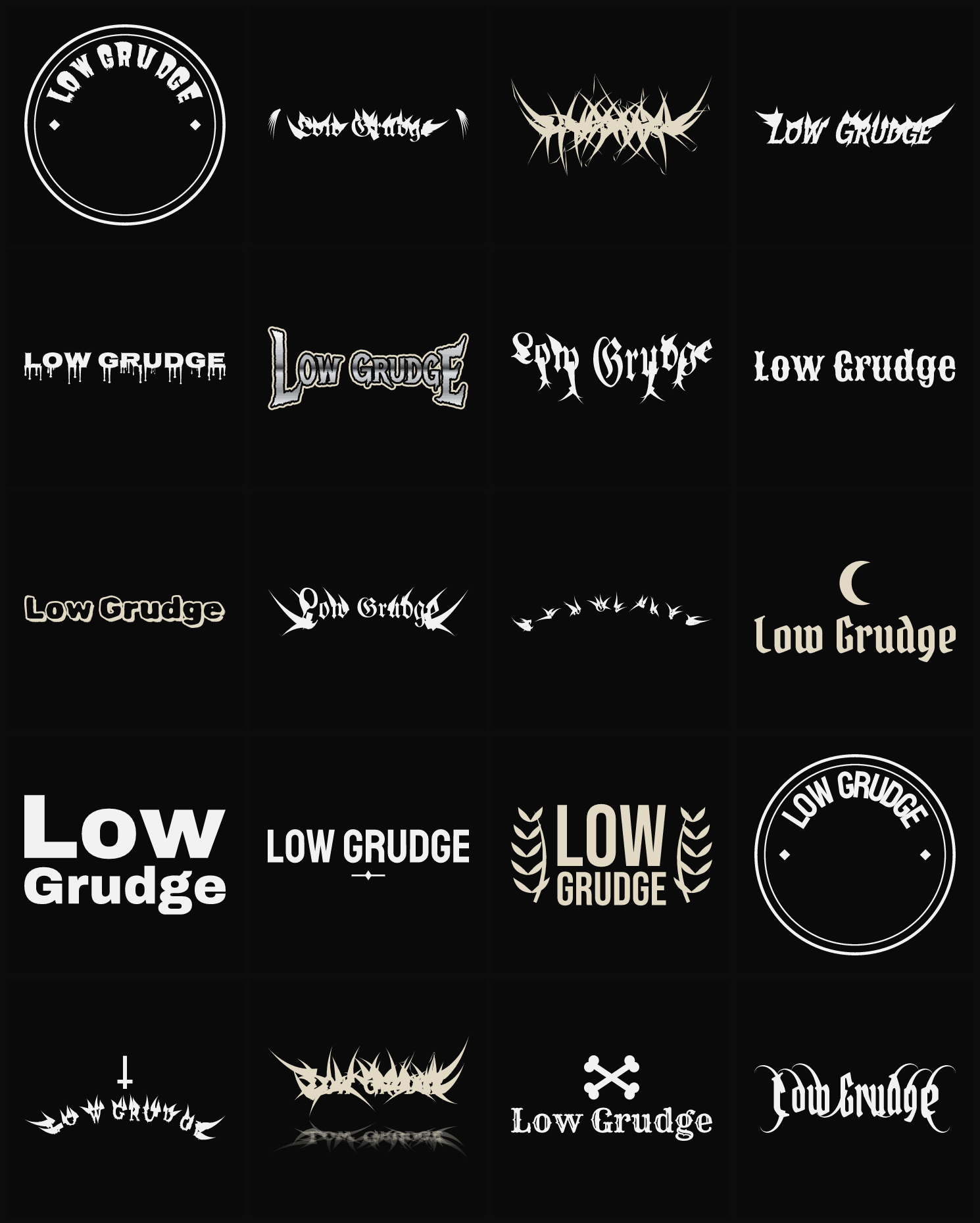 Twenty Low Grudge band logo ideas — different faces, treatments and spike settings