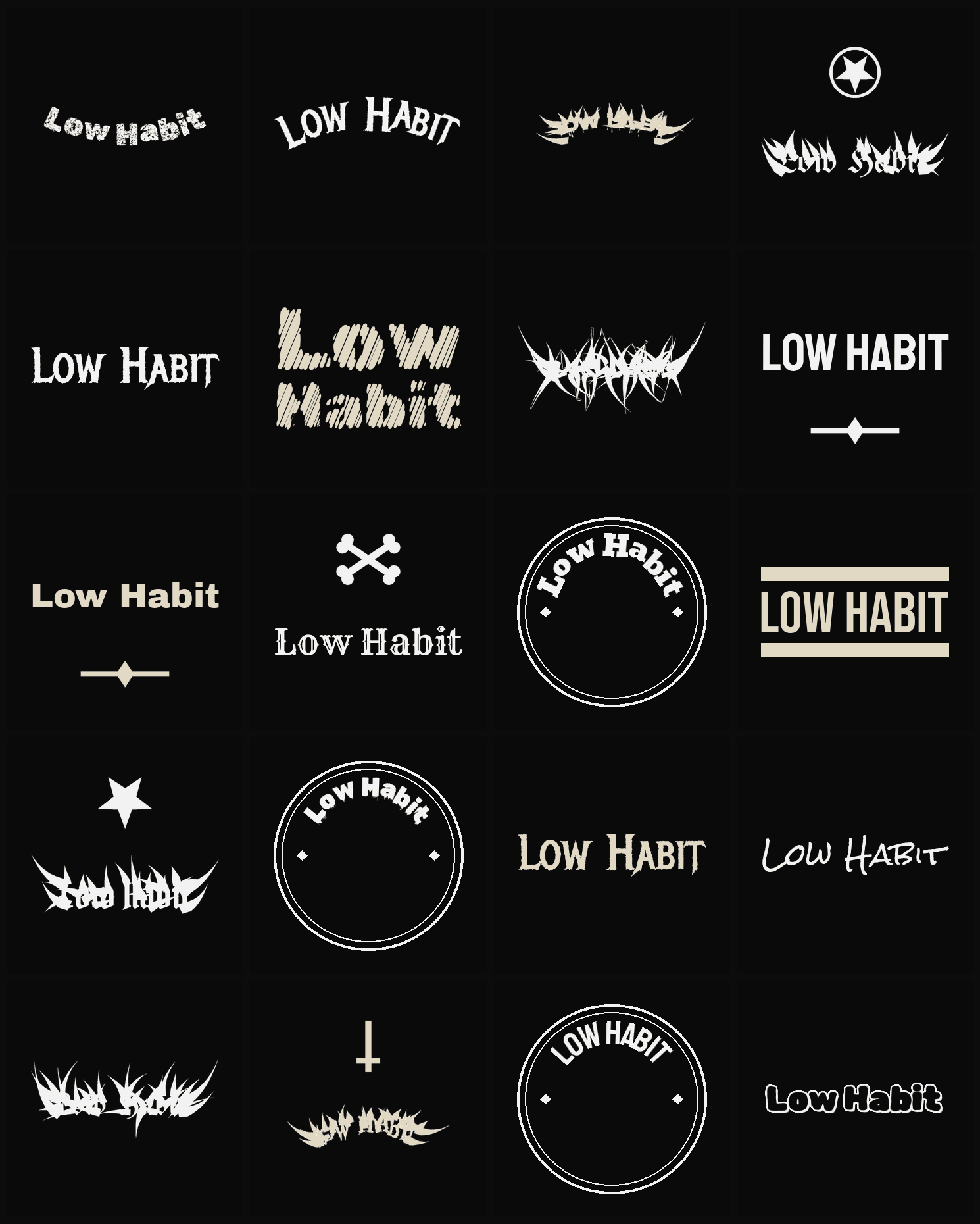 Twenty Low Habit band logo ideas — different faces, treatments and spike settings