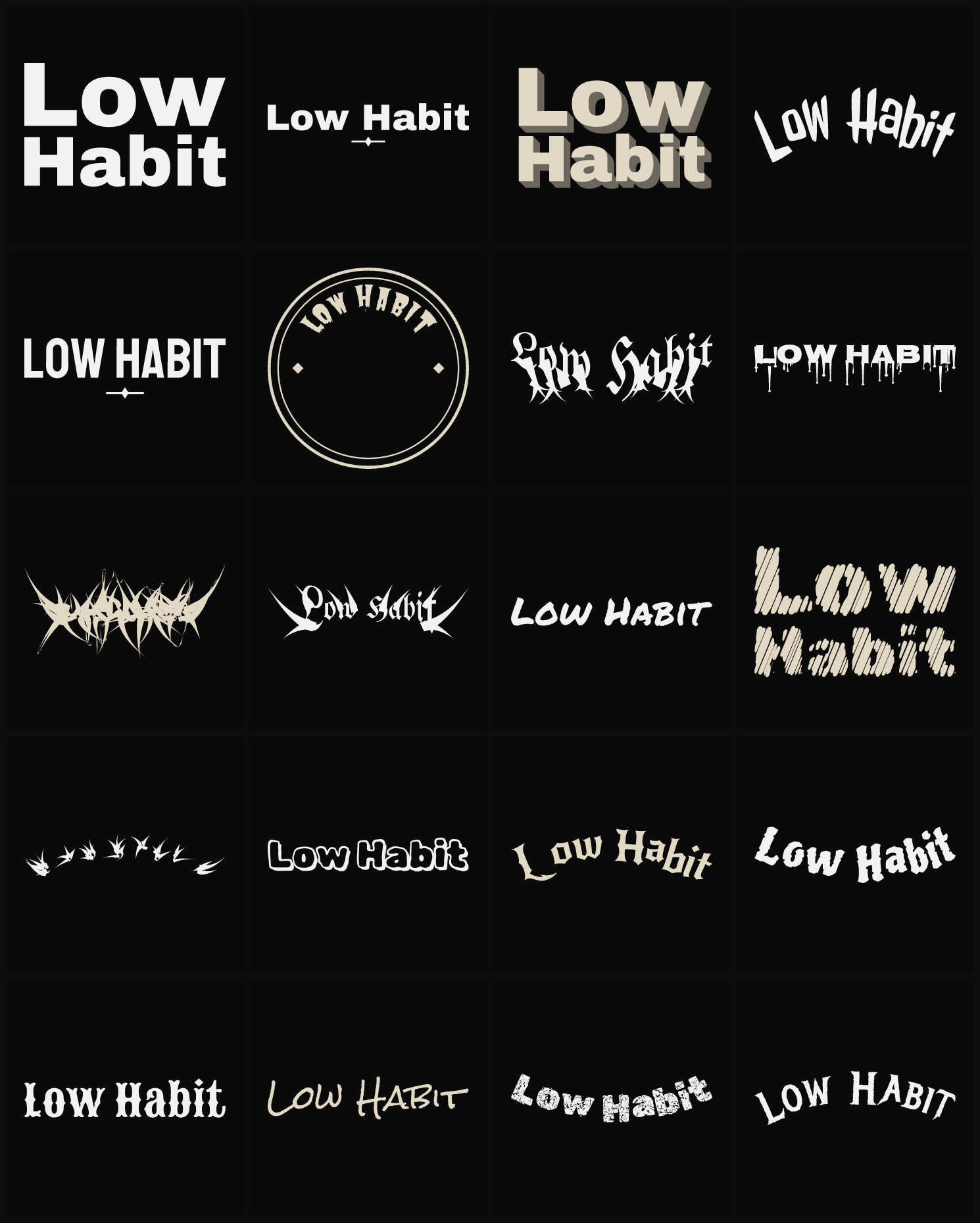 Twenty Low Habit band logo ideas — different faces, treatments and spike settings