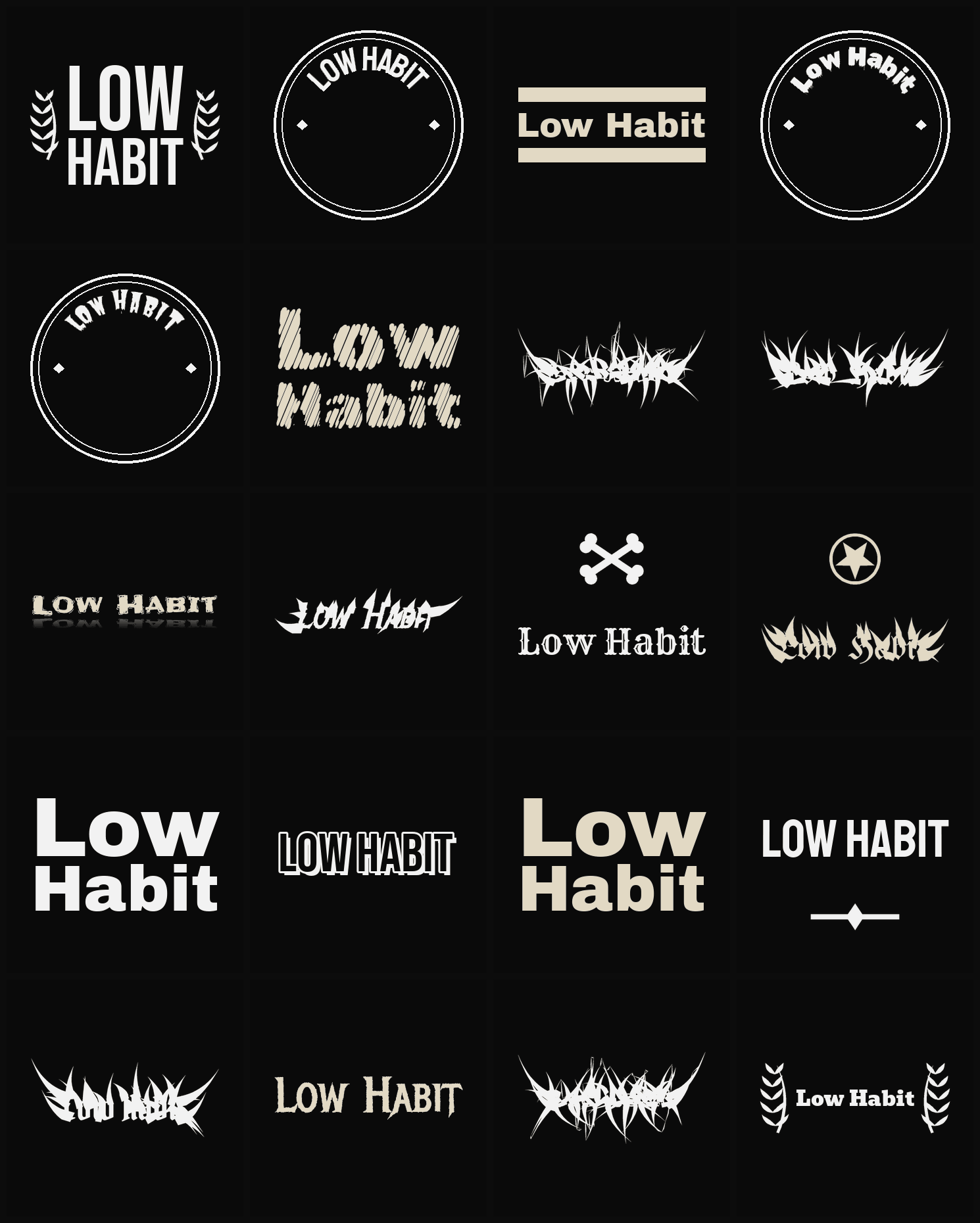 Twenty Low Habit band logo ideas — different faces, treatments and spike settings