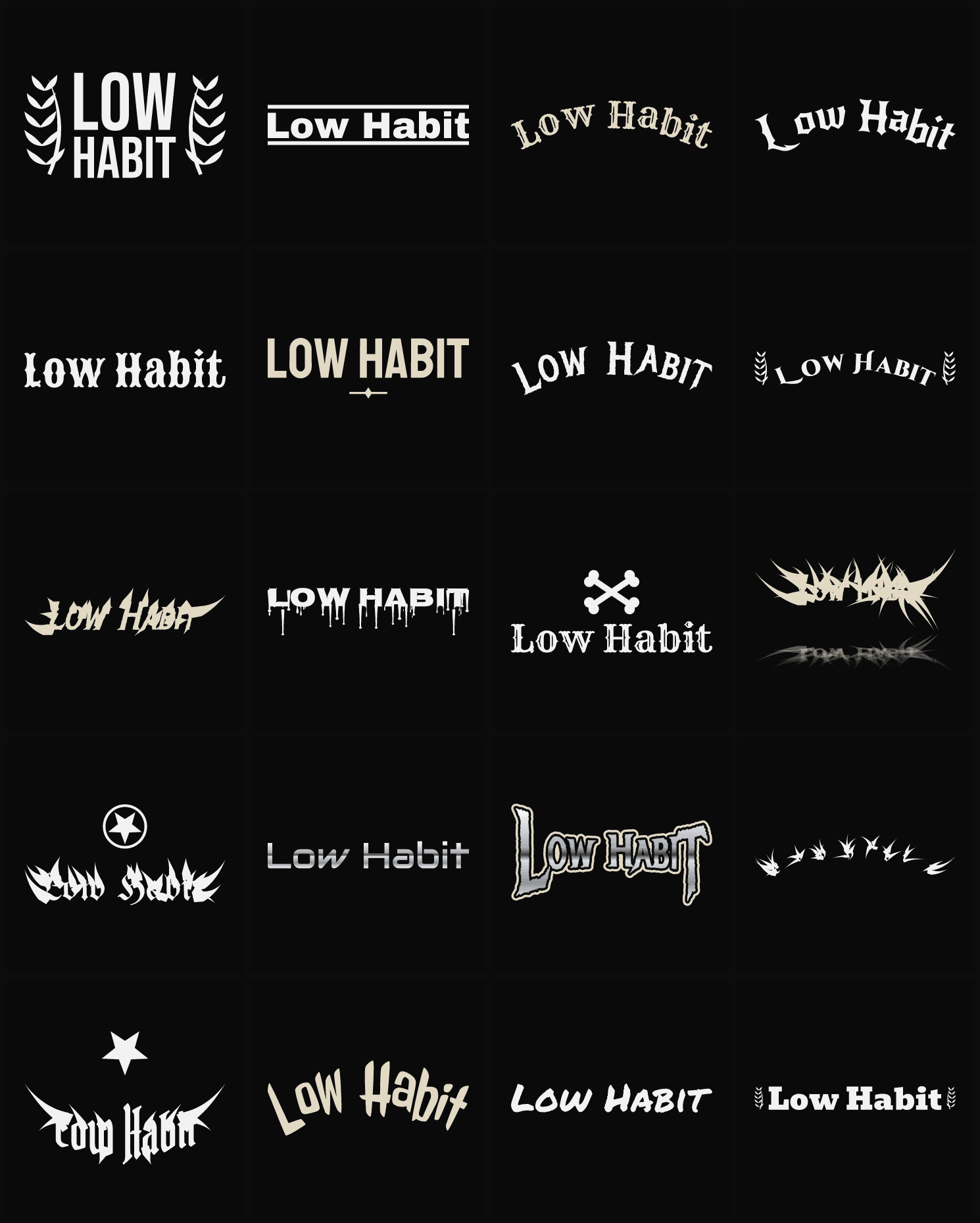 Twenty Low Habit band logo ideas — different faces, treatments and spike settings