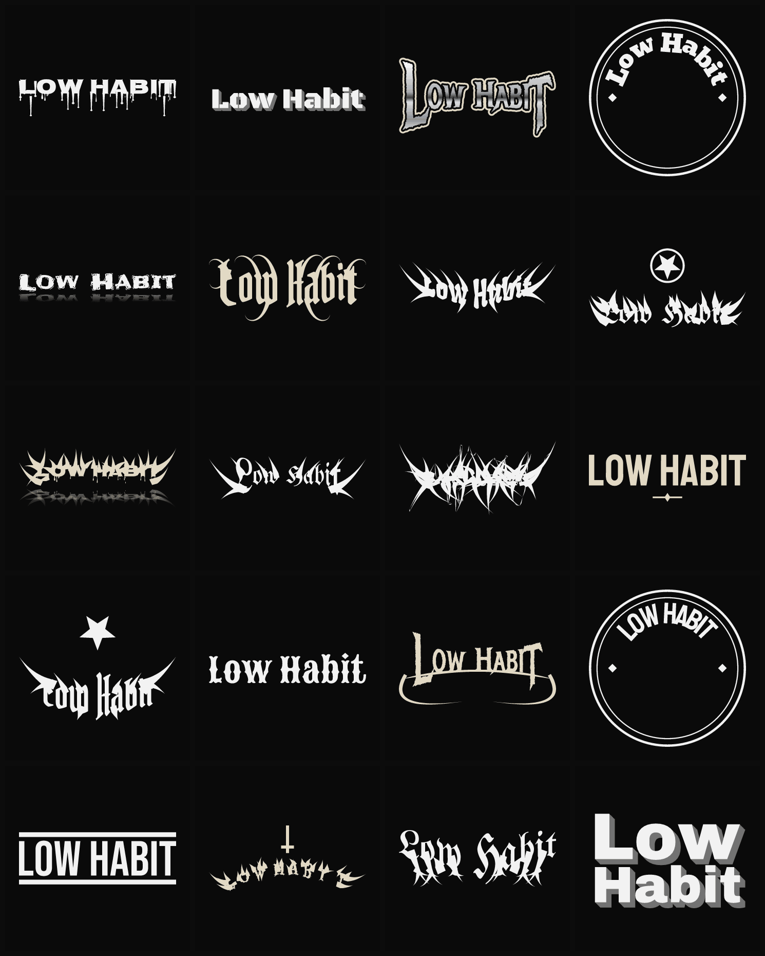 Twenty Low Habit band logo ideas — different faces, treatments and spike settings