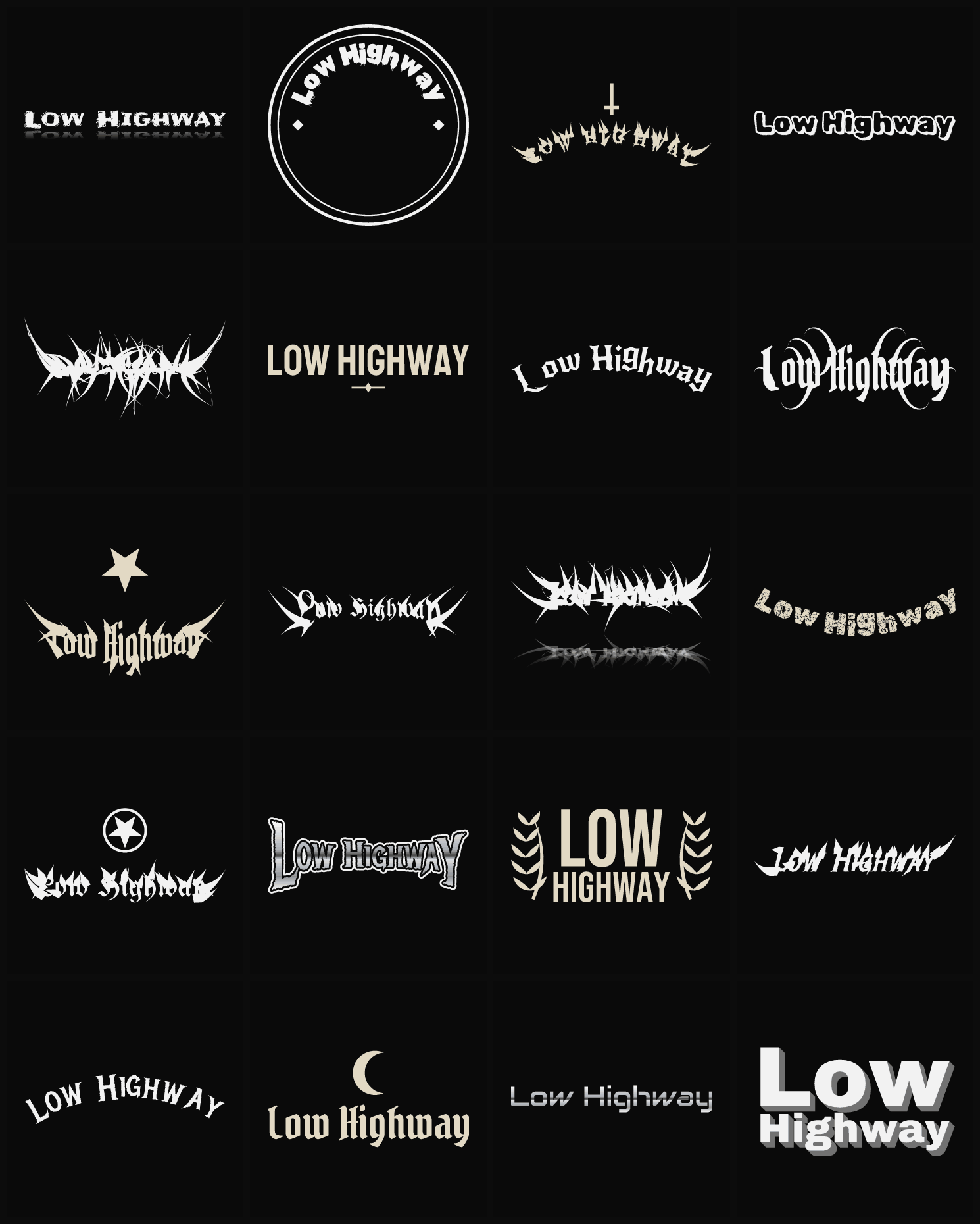 Twenty Low Highway band logo ideas — different faces, treatments and spike settings