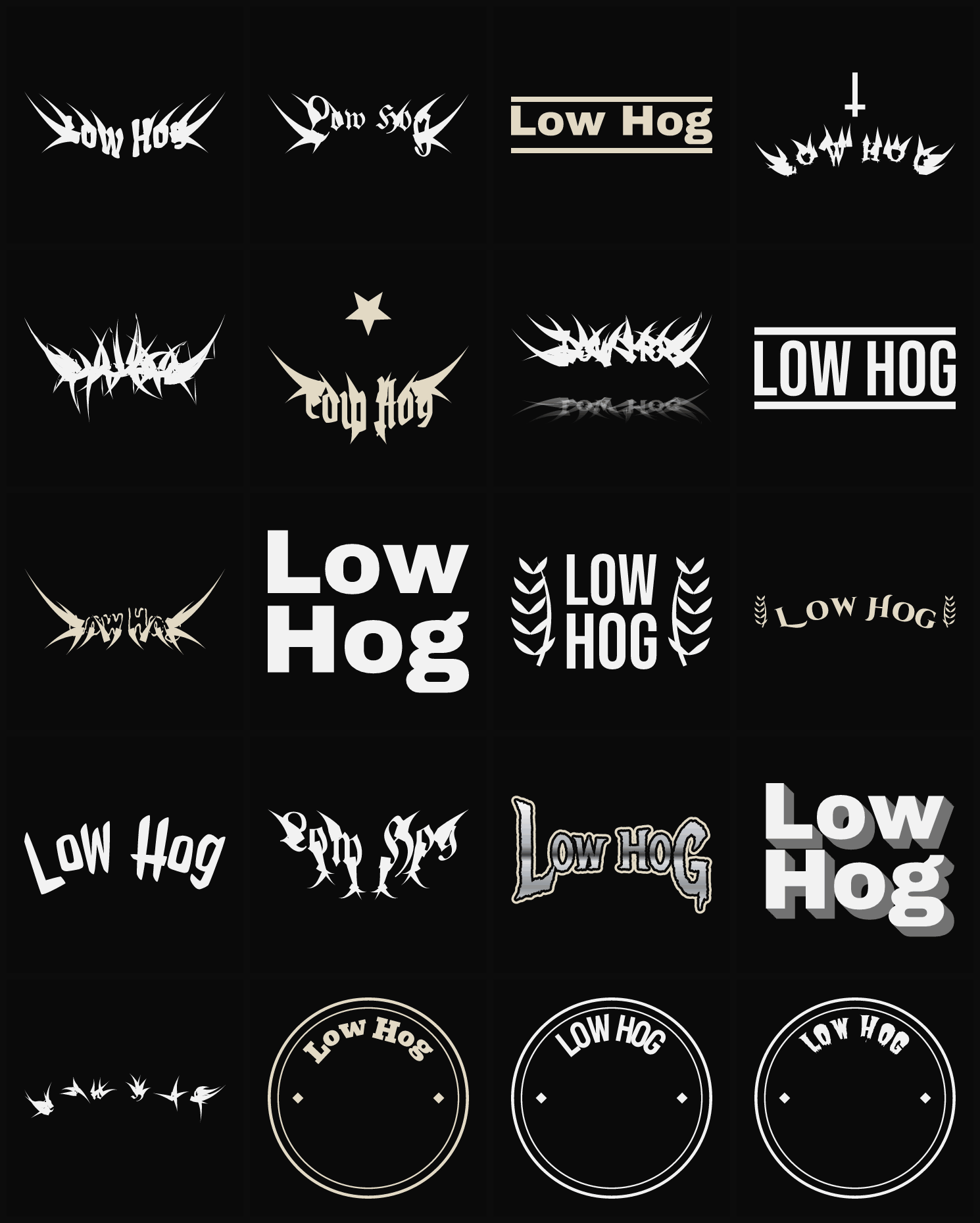 Twenty Low Hog band logo ideas — different faces, treatments and spike settings