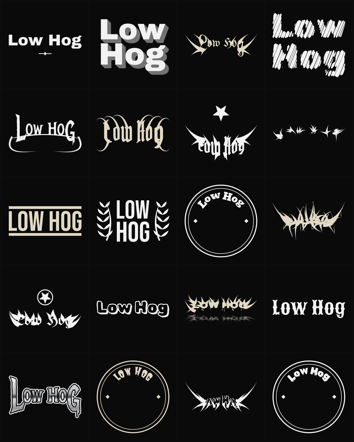 Twenty Low Hog band logo ideas — different faces, treatments and spike settings