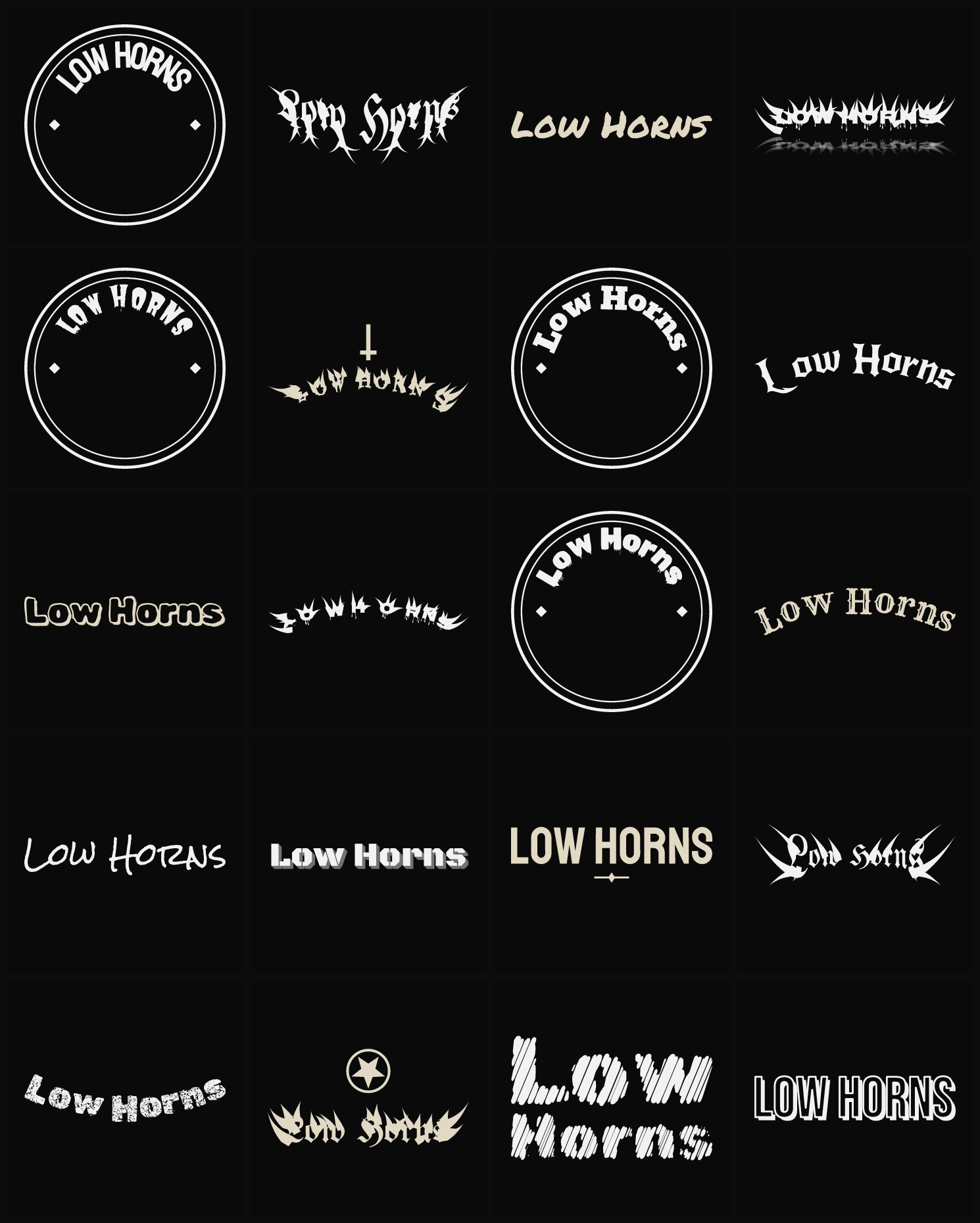 Twenty Low Horns band logo ideas — different faces, treatments and spike settings